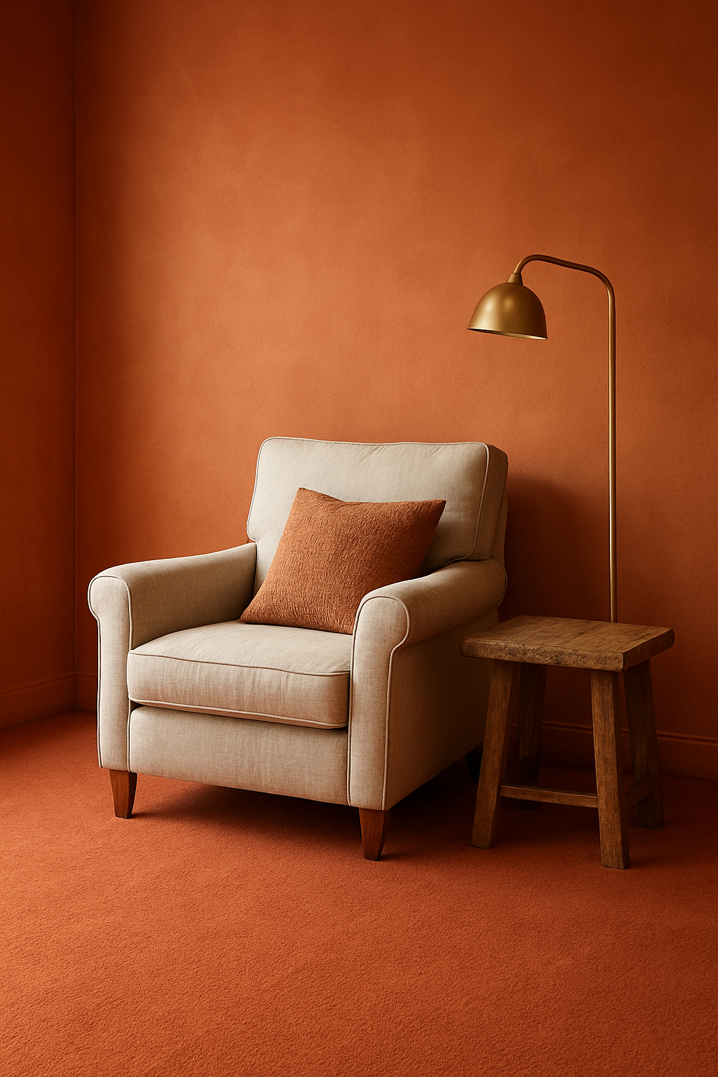 Living room corner with terracotta orange walls and a terracotta carpet