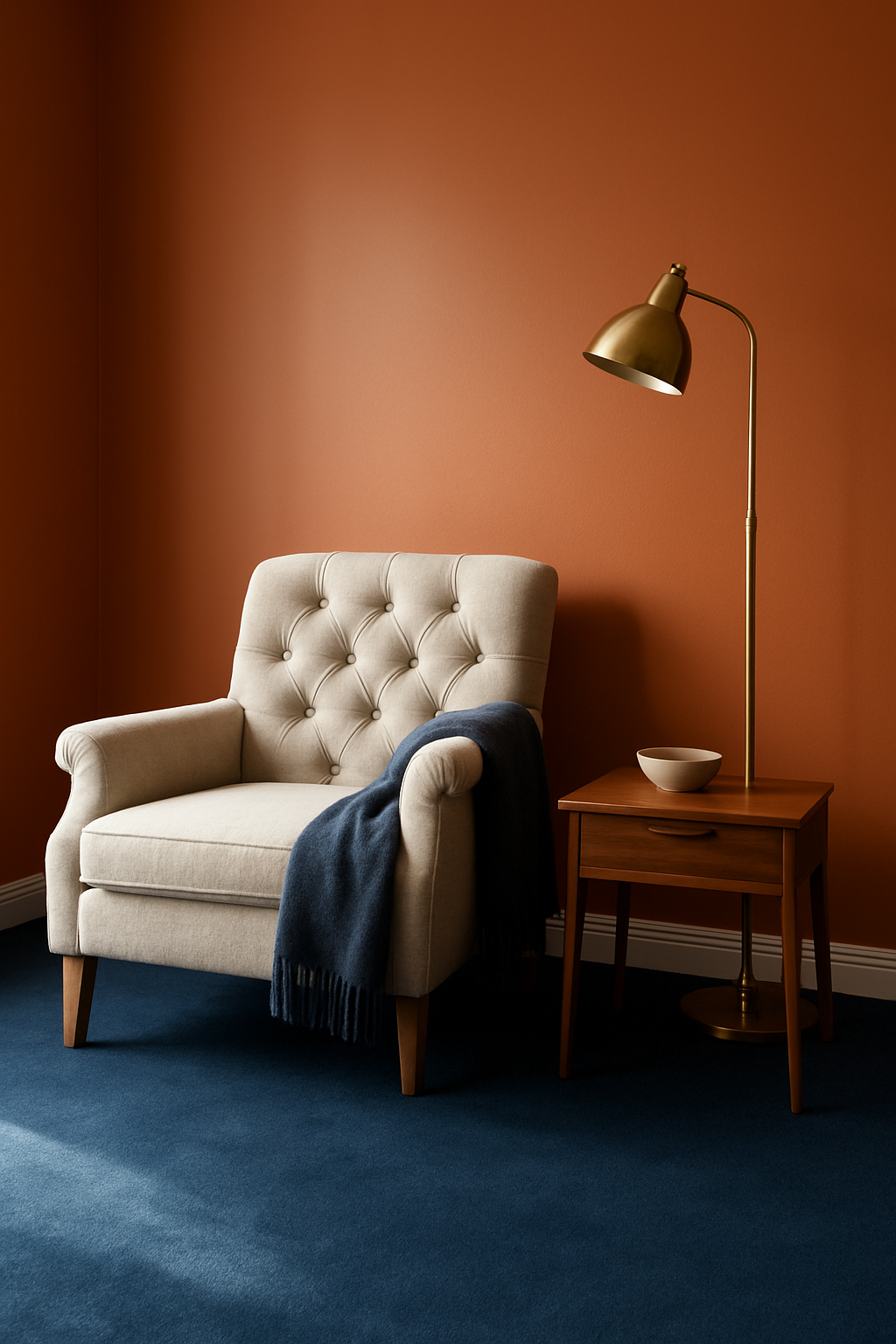 Family room corner with terracotta orange walls and a navy blue carpet