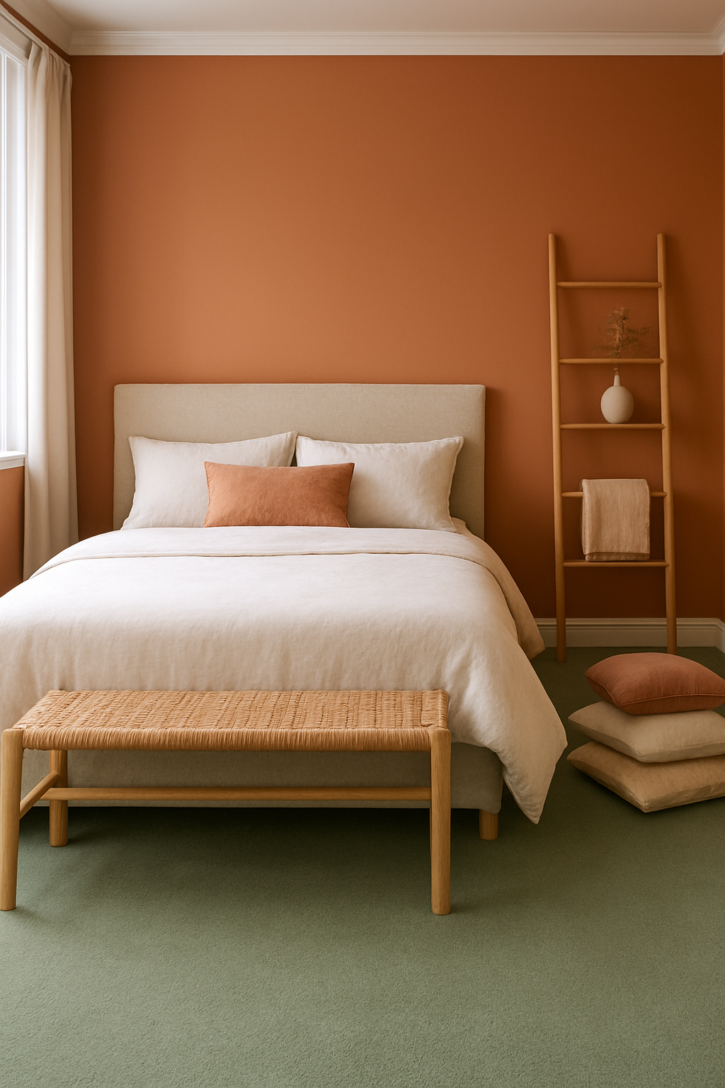 Guest room with terracotta orange walls and a sage green carpet