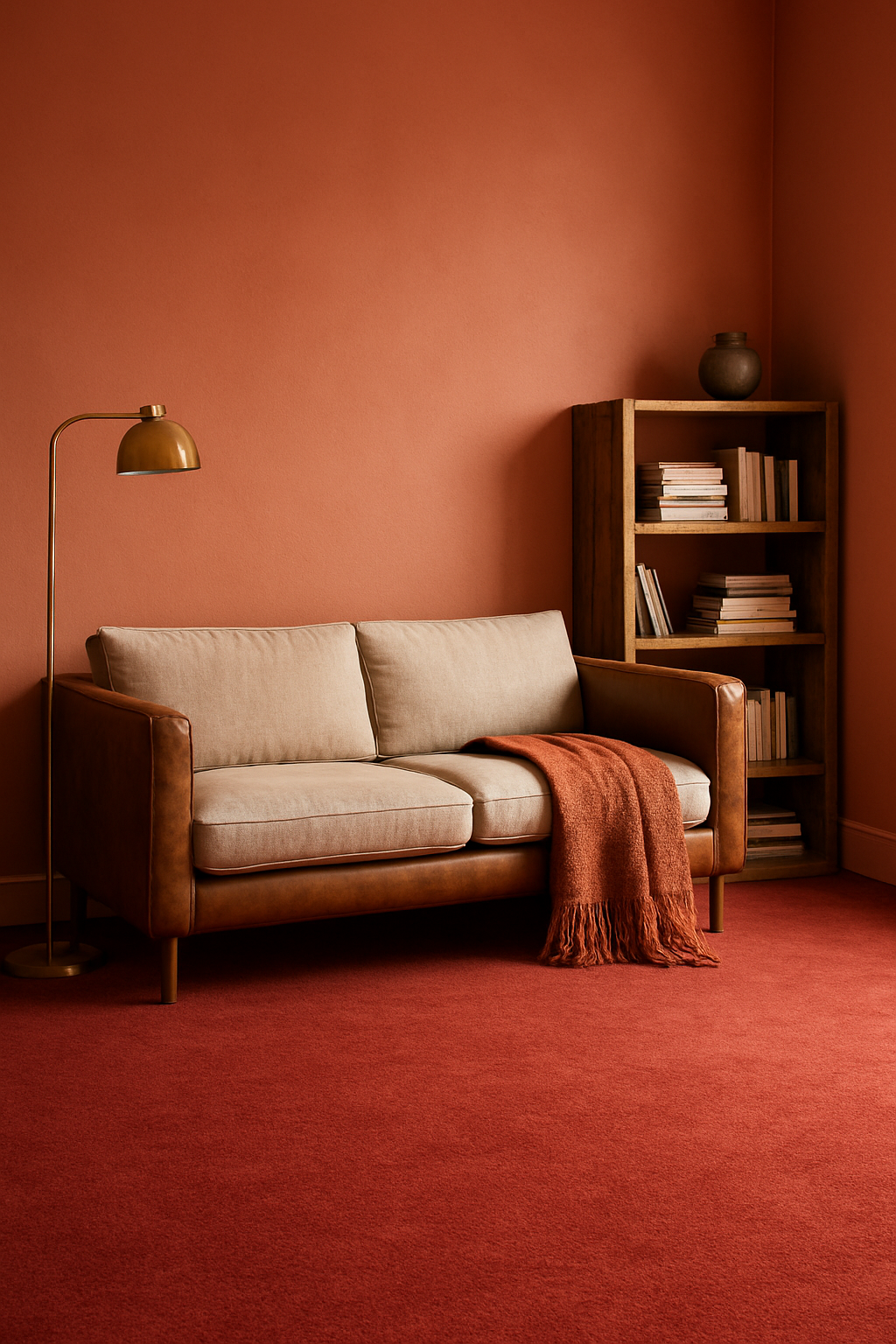 Den with terracotta orange walls and a brick red carpet, three-quarter view