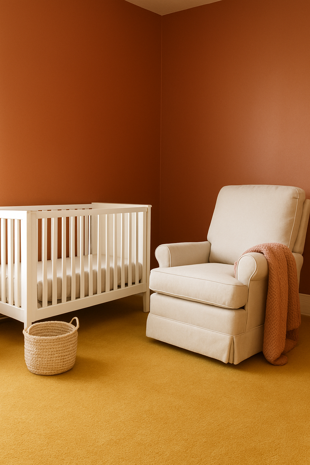 Nursery corner with terracotta orange walls and a mustard yellow carpet
