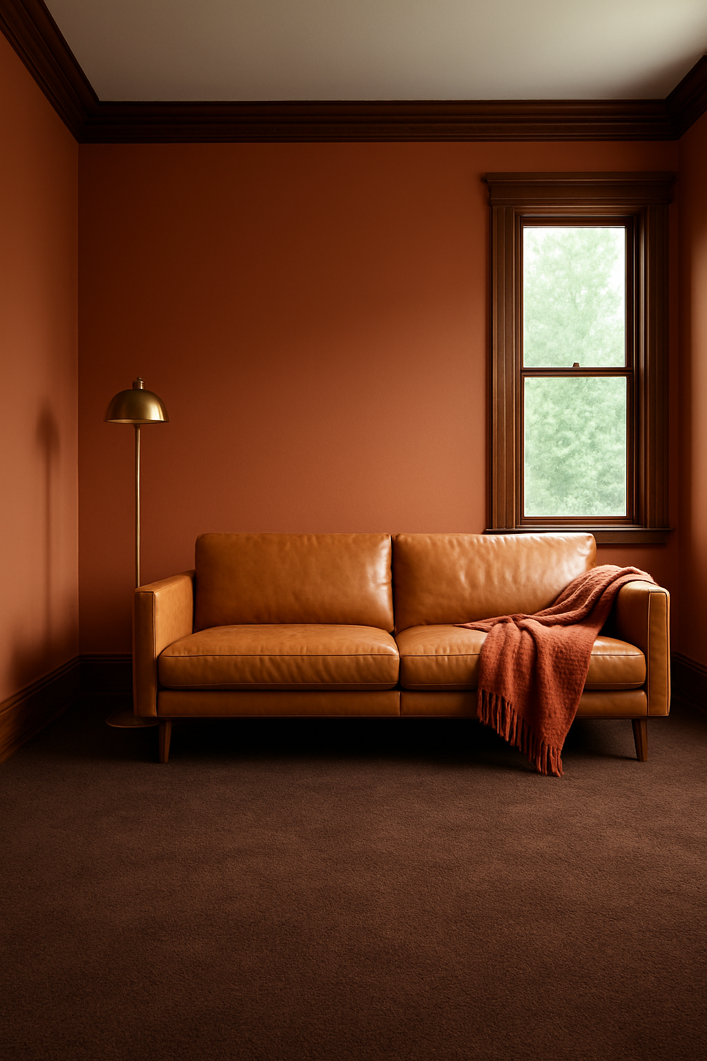 Living room with terracotta orange walls, wood trim, and a chocolate brown carpet