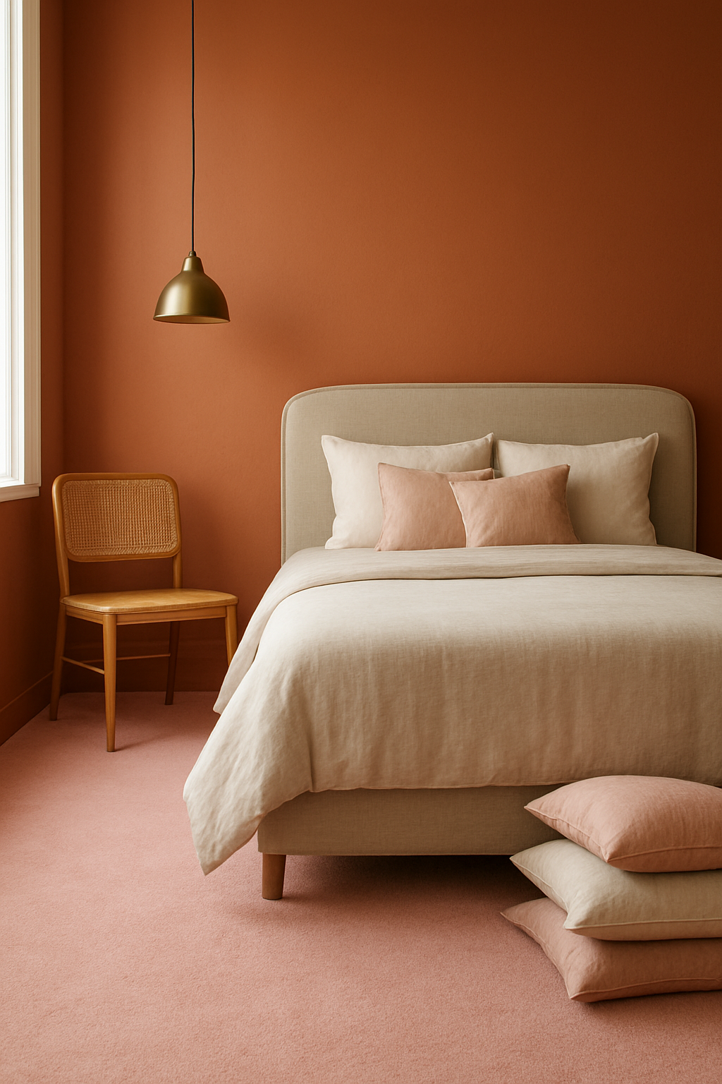 Bedroom with terracotta orange walls and a soft pink carpet, angled view