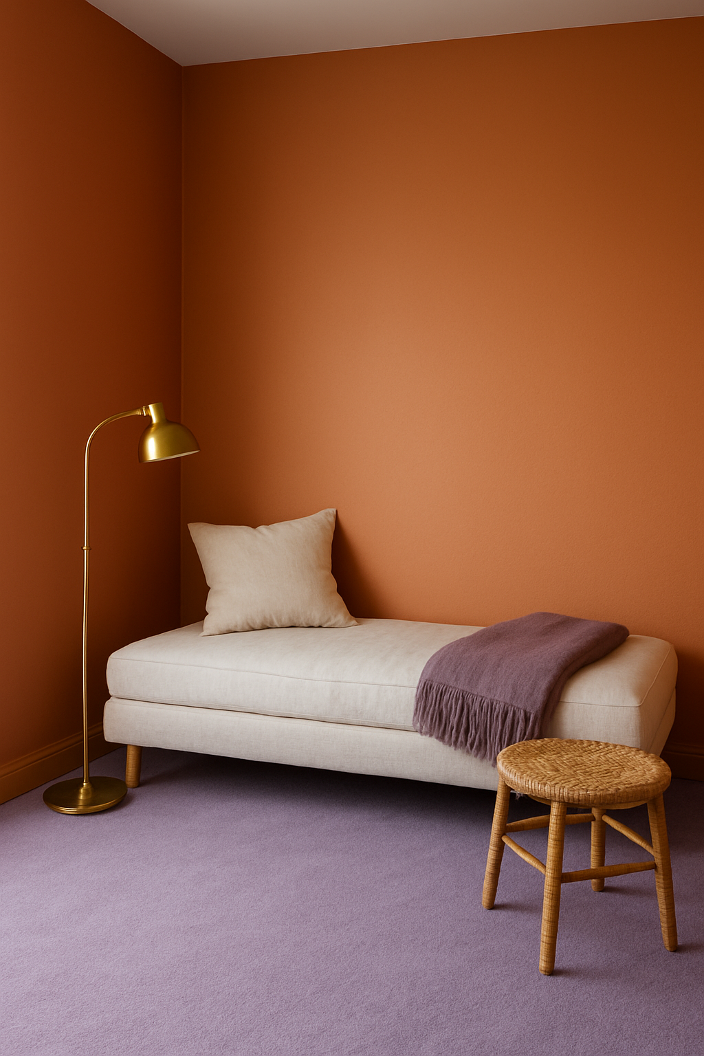 Guest room corner with terracotta orange walls and a lavender carpet