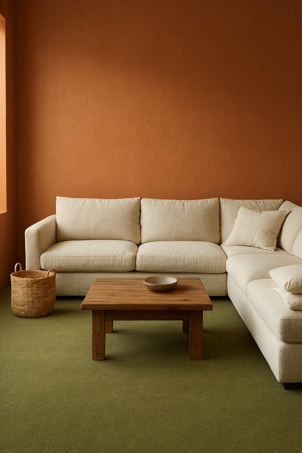 Family room with terracotta orange walls and an olive green carpet