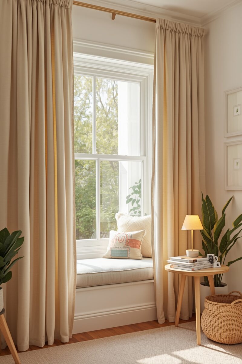 Bright window seat nook with beige linen curtains, cushioned bench, decorative pillows, small wooden side table with lamp and books, and indoor plants