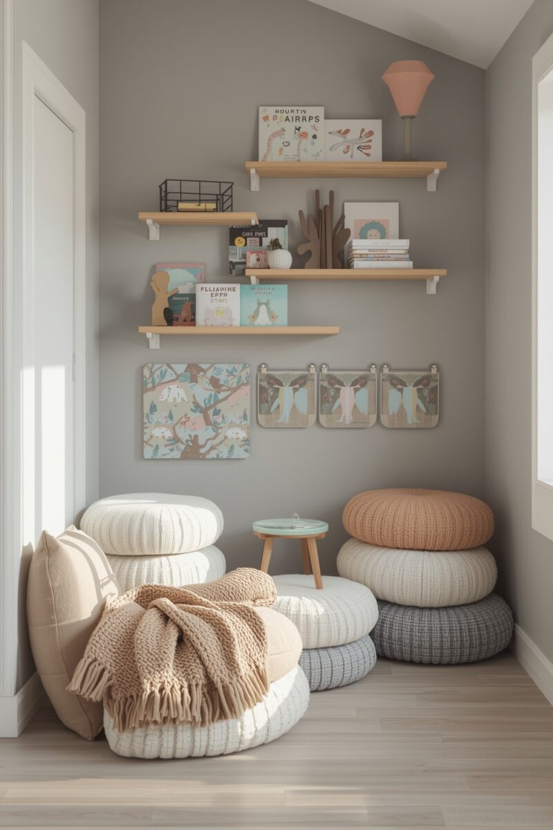 Cozy children's reading nook with stacked knit floor poufs, wooden floating shelves with books, and soft neutral decor