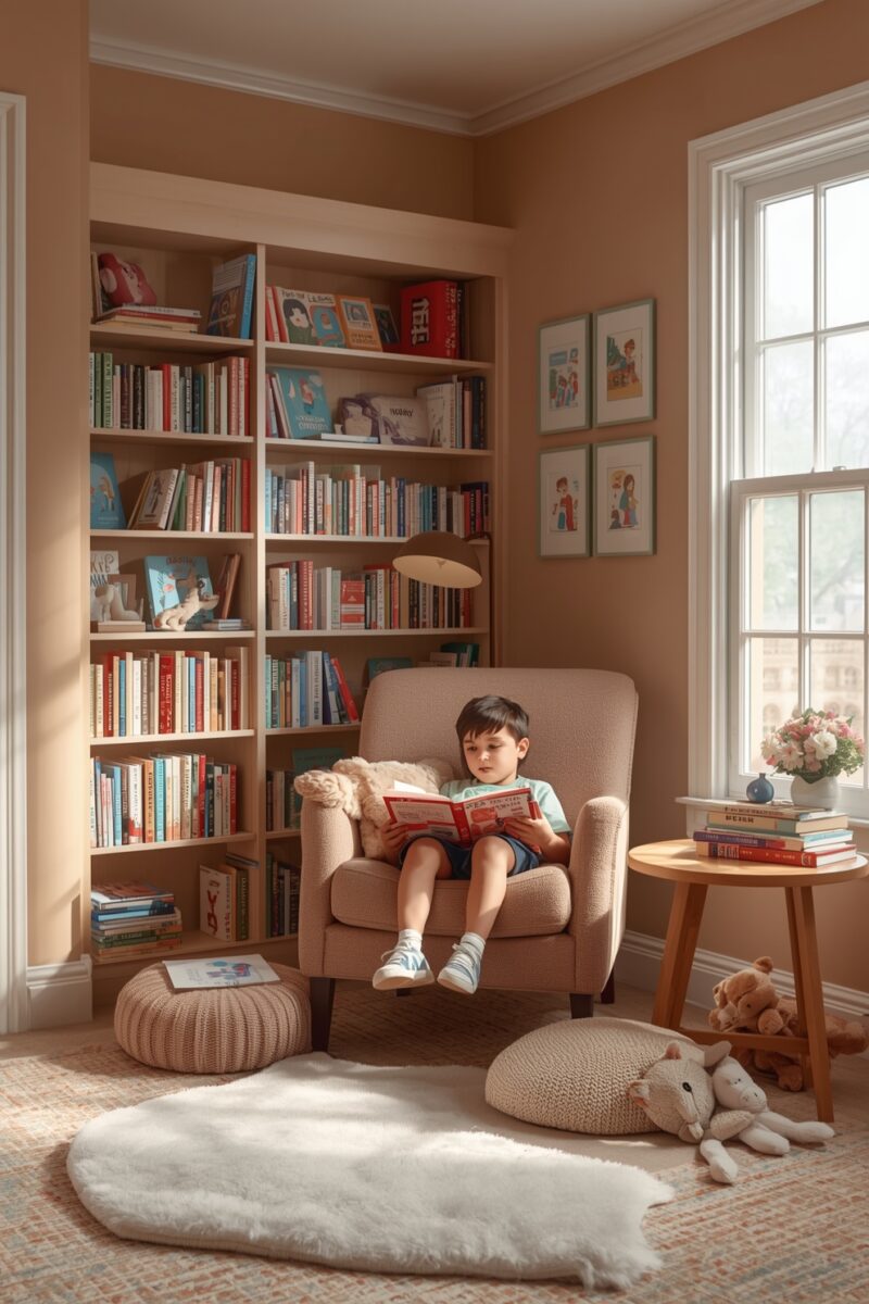 Young boy reading a book in a cozy armchair surrounded by full bookshelves in a warm children's reading nook