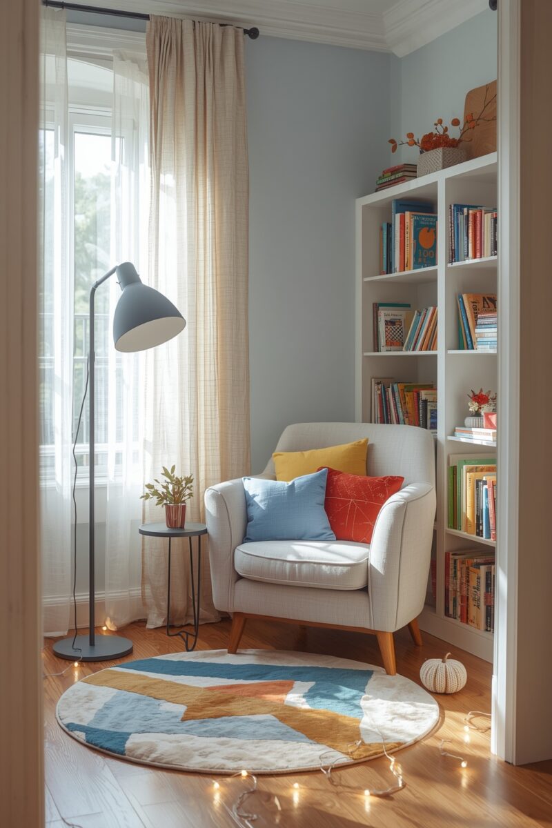 Cozy reading nook with gray armchair, colorful pillows, floor lamp, round rug, and white bookshelf filled with books