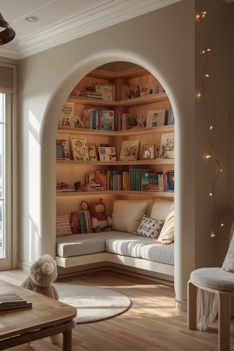 Cozy children's reading nook with arched entryway, built-in wood shelves filled with colorful books, cushioned bench seat with pillows, and fairy lights
