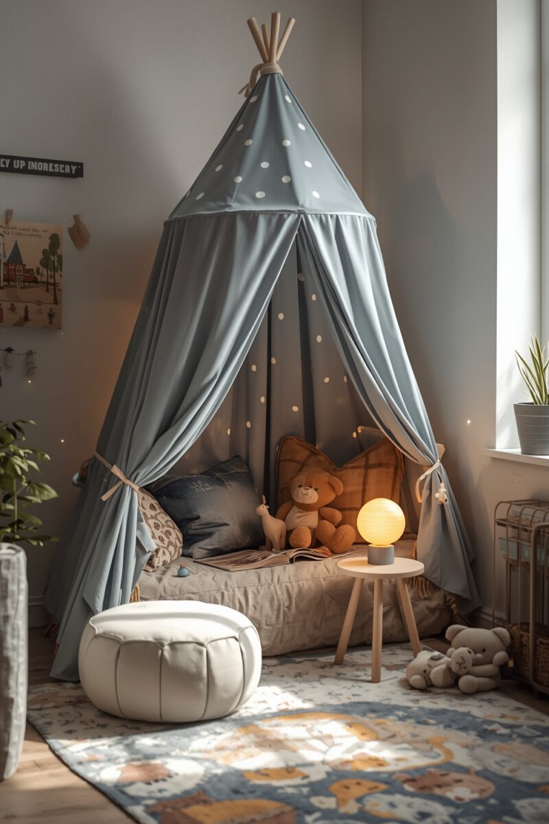 Children's room with blue polka dot teepee tent, teddy bears, glowing lamp, and cozy reading nook setup