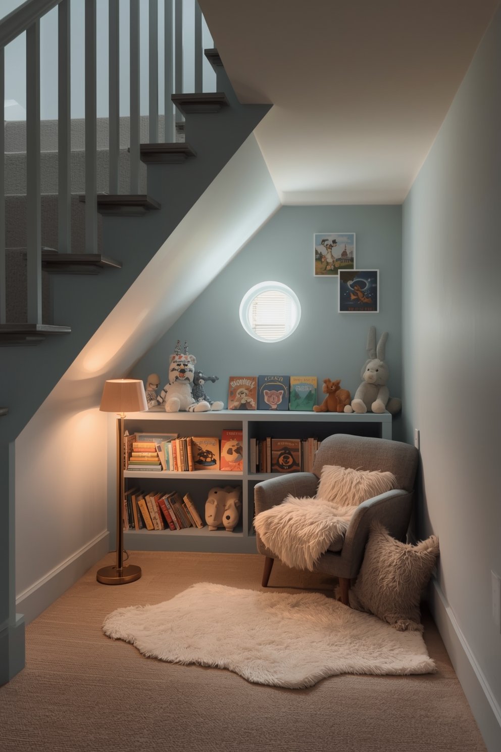 Cozy under-staircase reading nook with bookshelf, stuffed animals, gray armchair, fluffy rug, and warm floor lamp