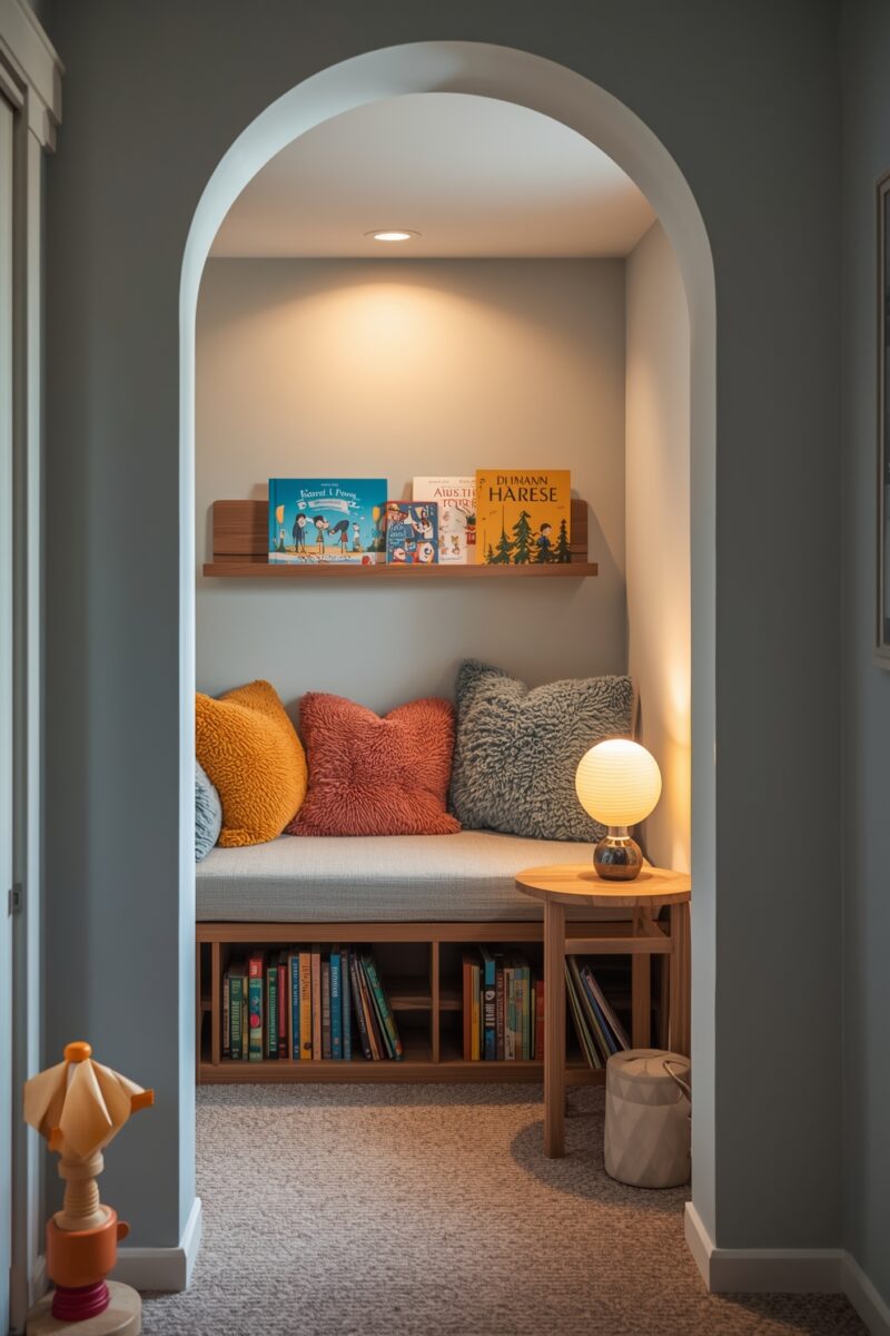 Cozy children's reading nook with arched entrance, cushioned bench, built-in bookshelves, and warm globe lamp
