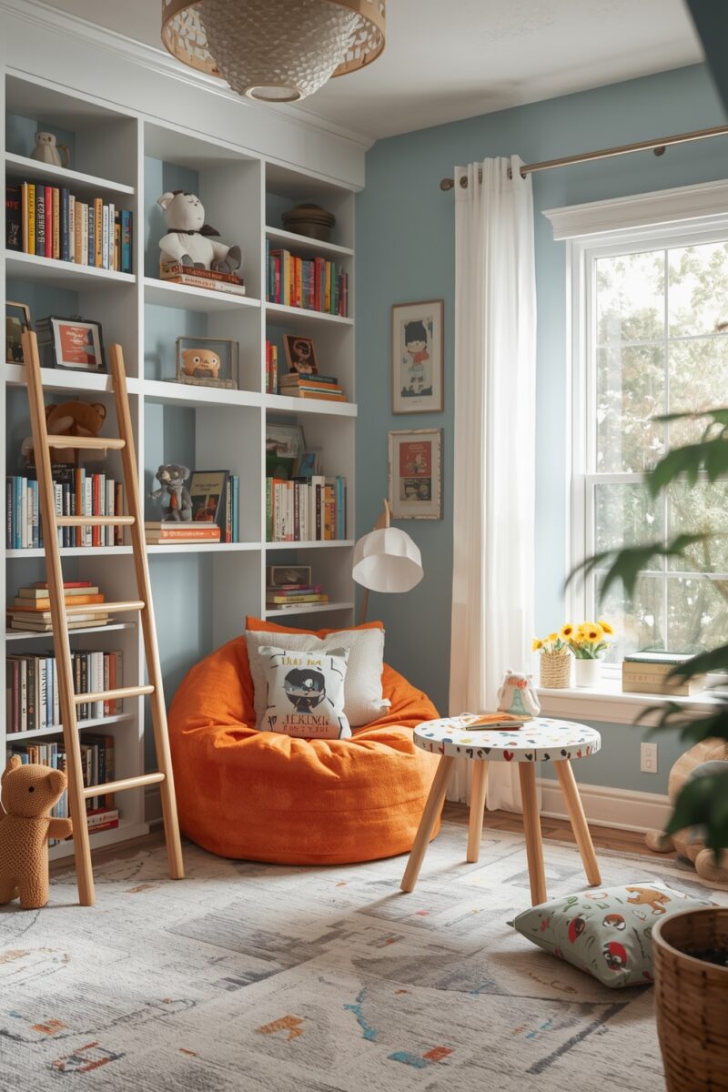 Cozy children's reading nook with orange bean bag chair, built-in white bookshelves, wooden ladder, and sunny window