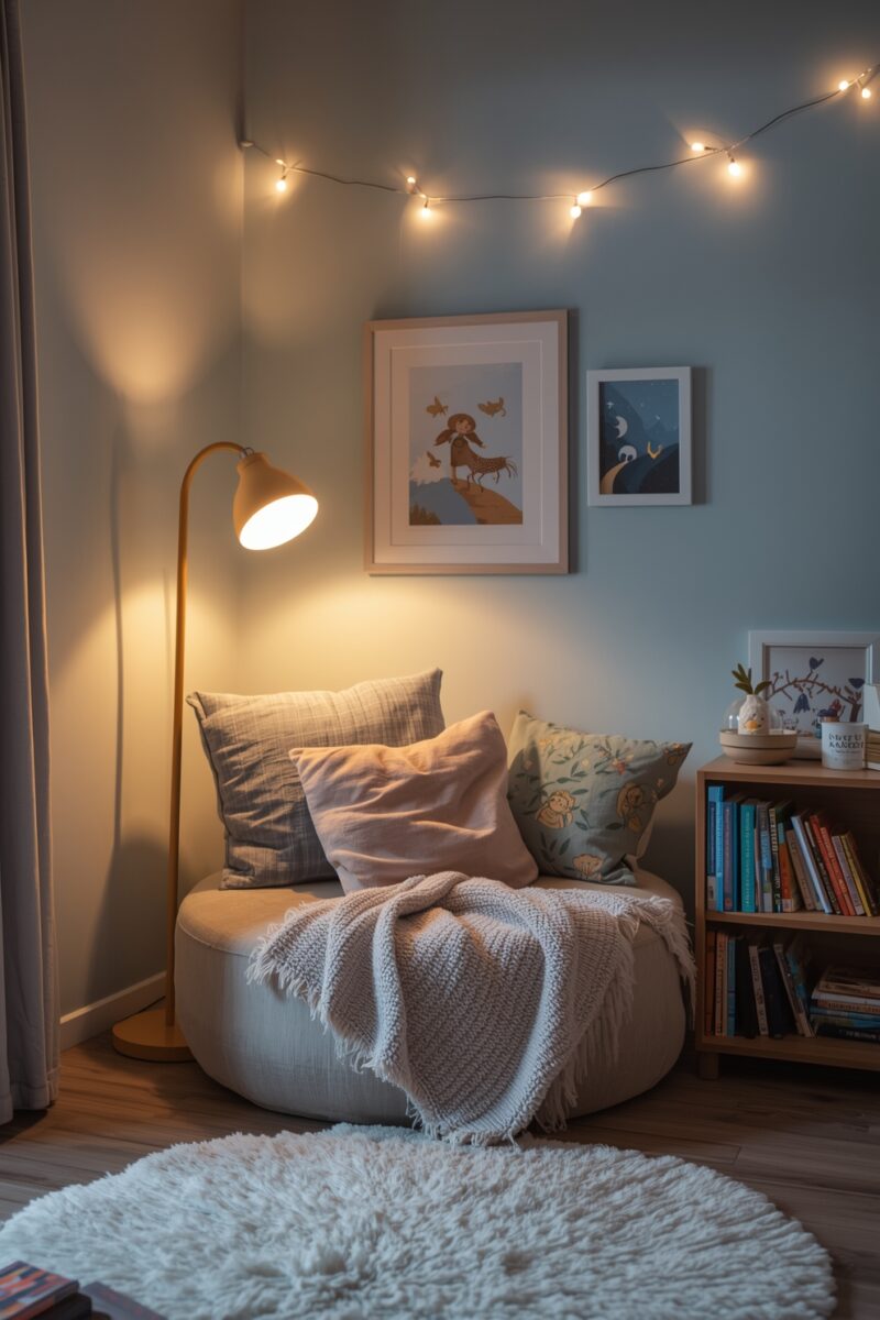 Cozy reading nook with bean bag chair, pillows, knit throw blanket, floor lamp, string lights, and bookshelf
