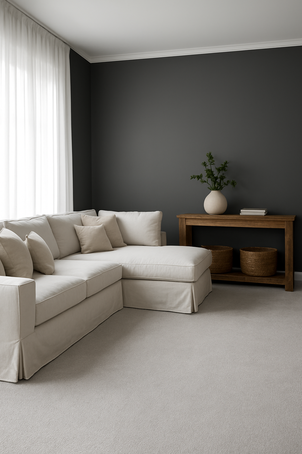 Family room with charcoal gray walls and a light gray carpet