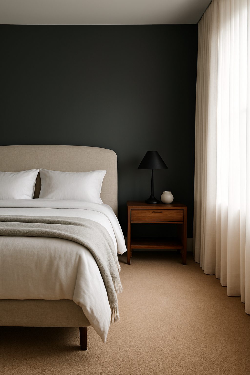 Bedroom with charcoal gray walls and a warm beige carpet