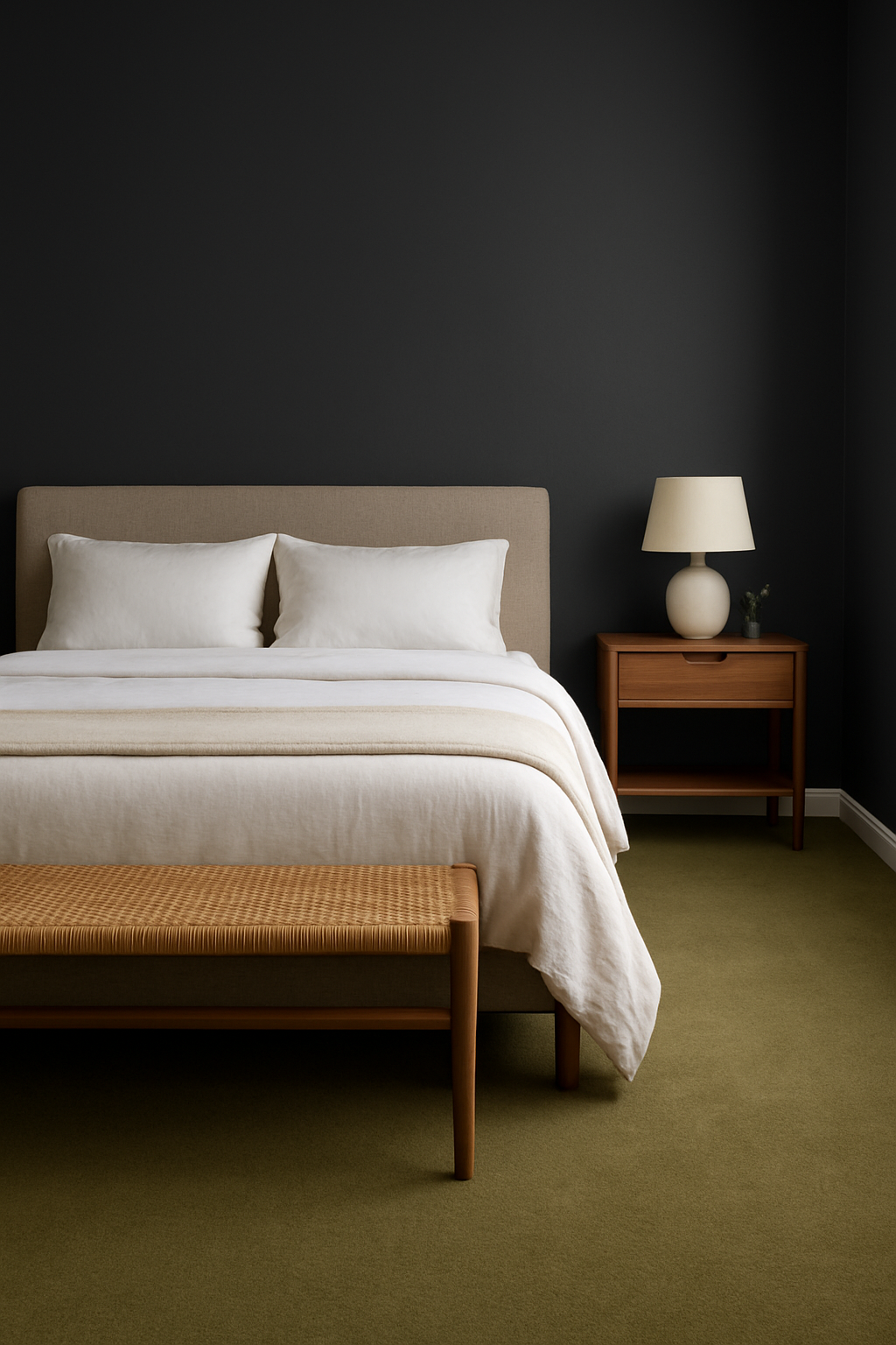 Bedroom with charcoal gray walls and a muted olive green carpet