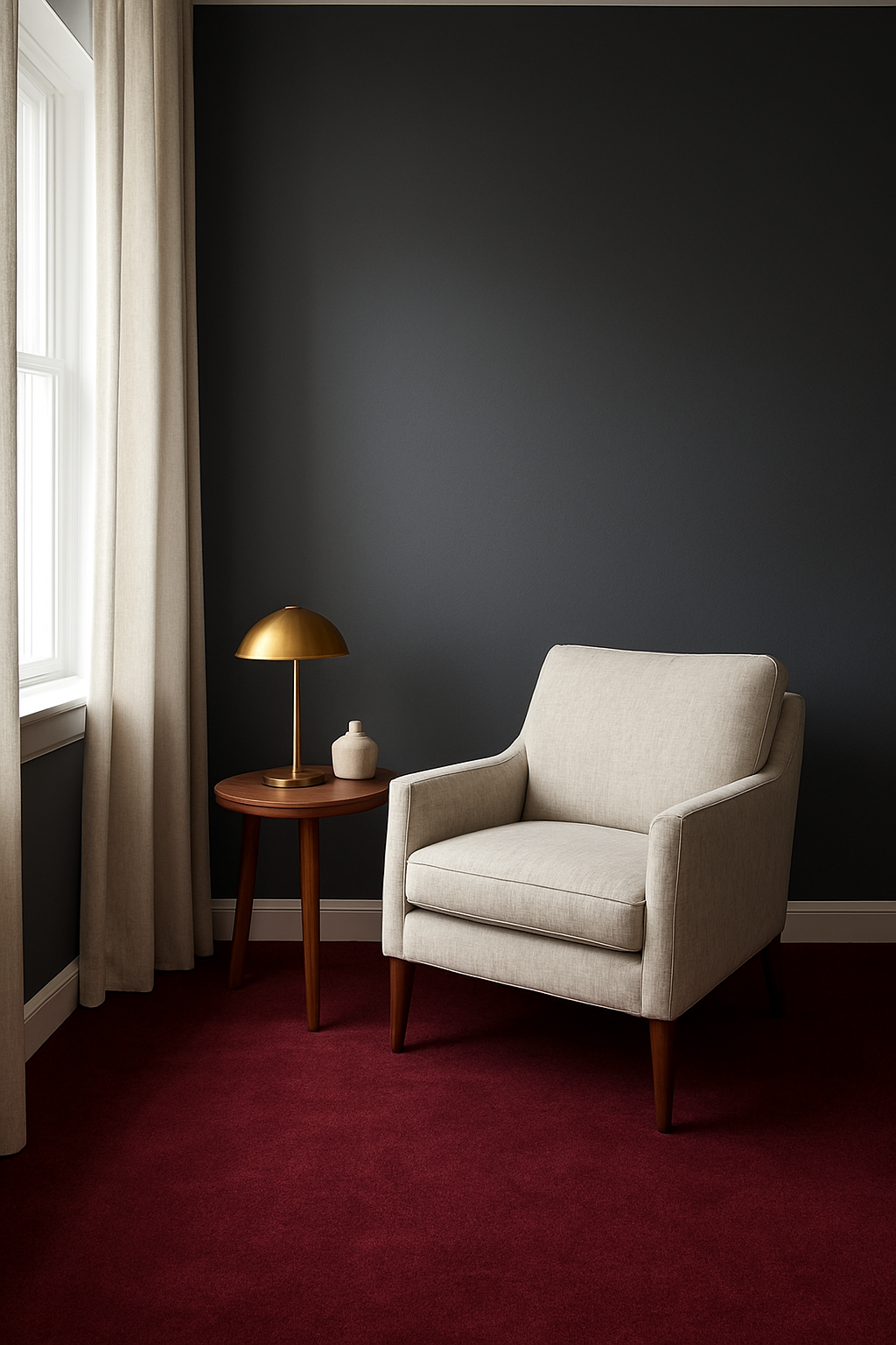 Guest room corner with charcoal gray walls and a deep burgundy carpet