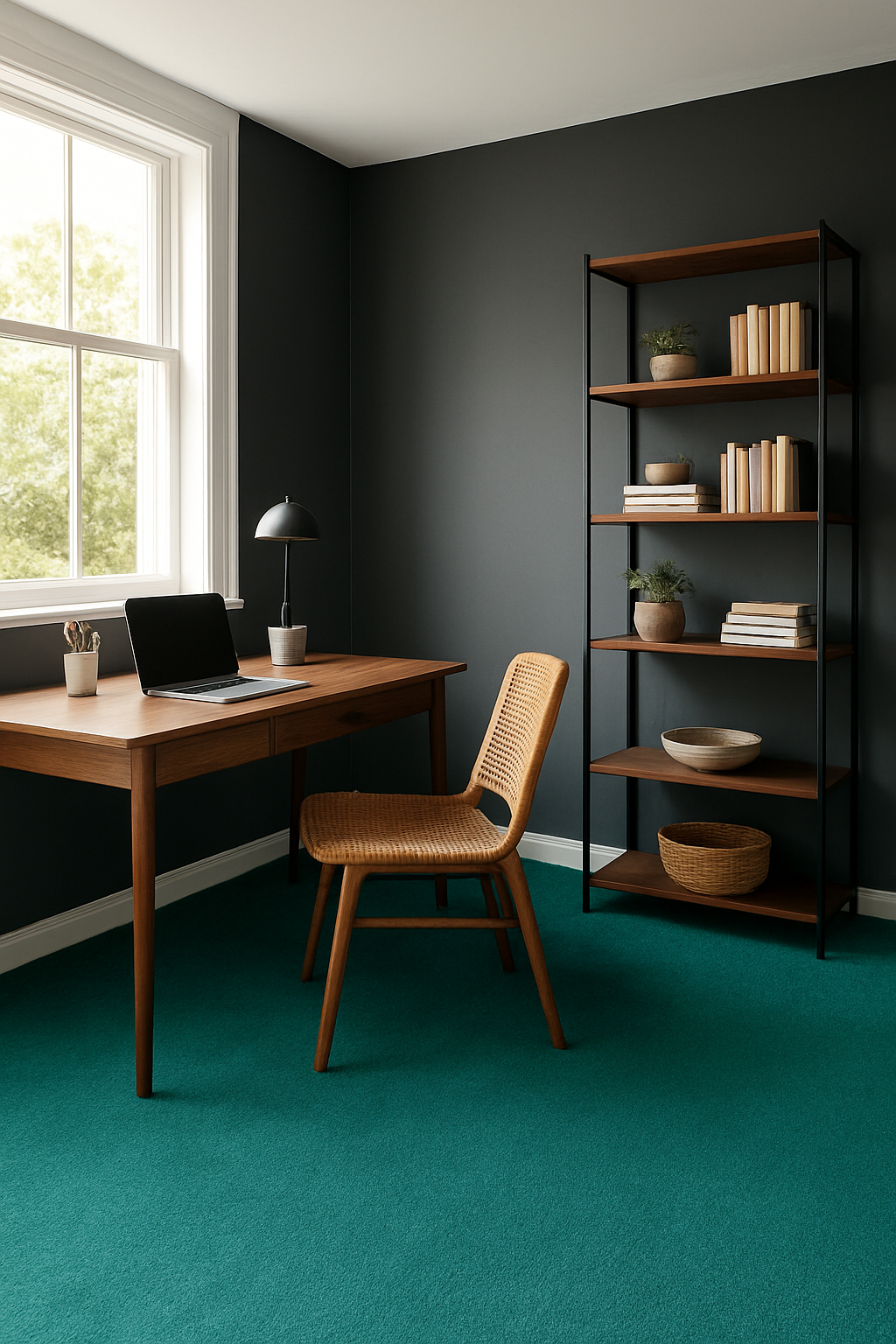 Home office with charcoal gray walls and a vibrant teal carpet