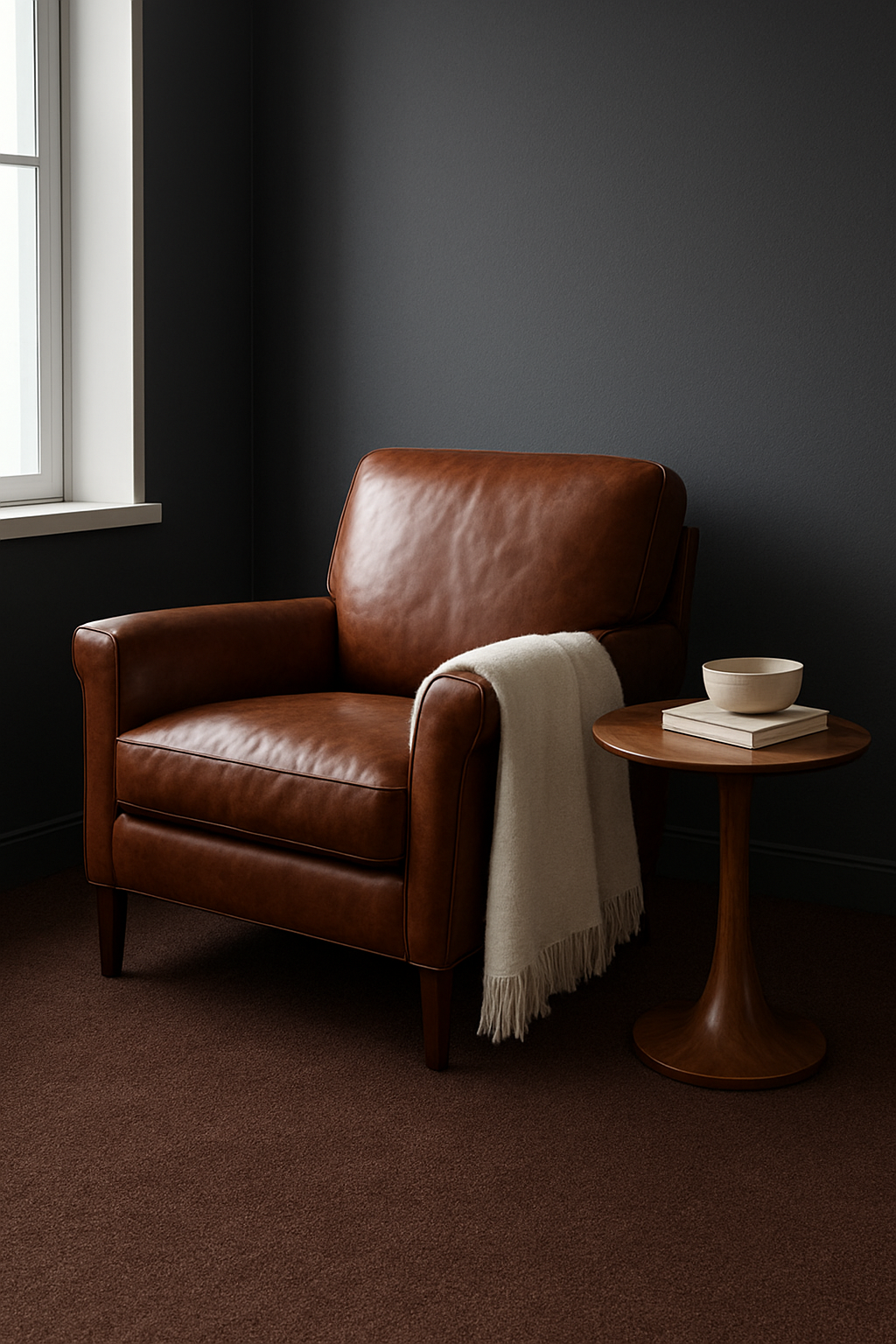 Den with charcoal gray walls and a deep chocolate brown carpet