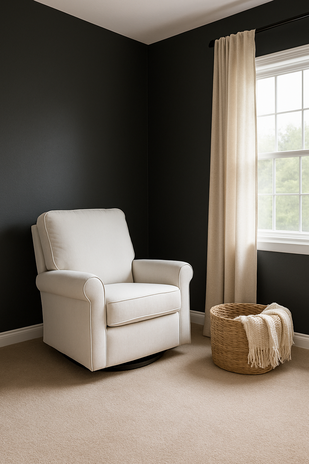 Nursery corner with charcoal gray walls and a light tan carpet