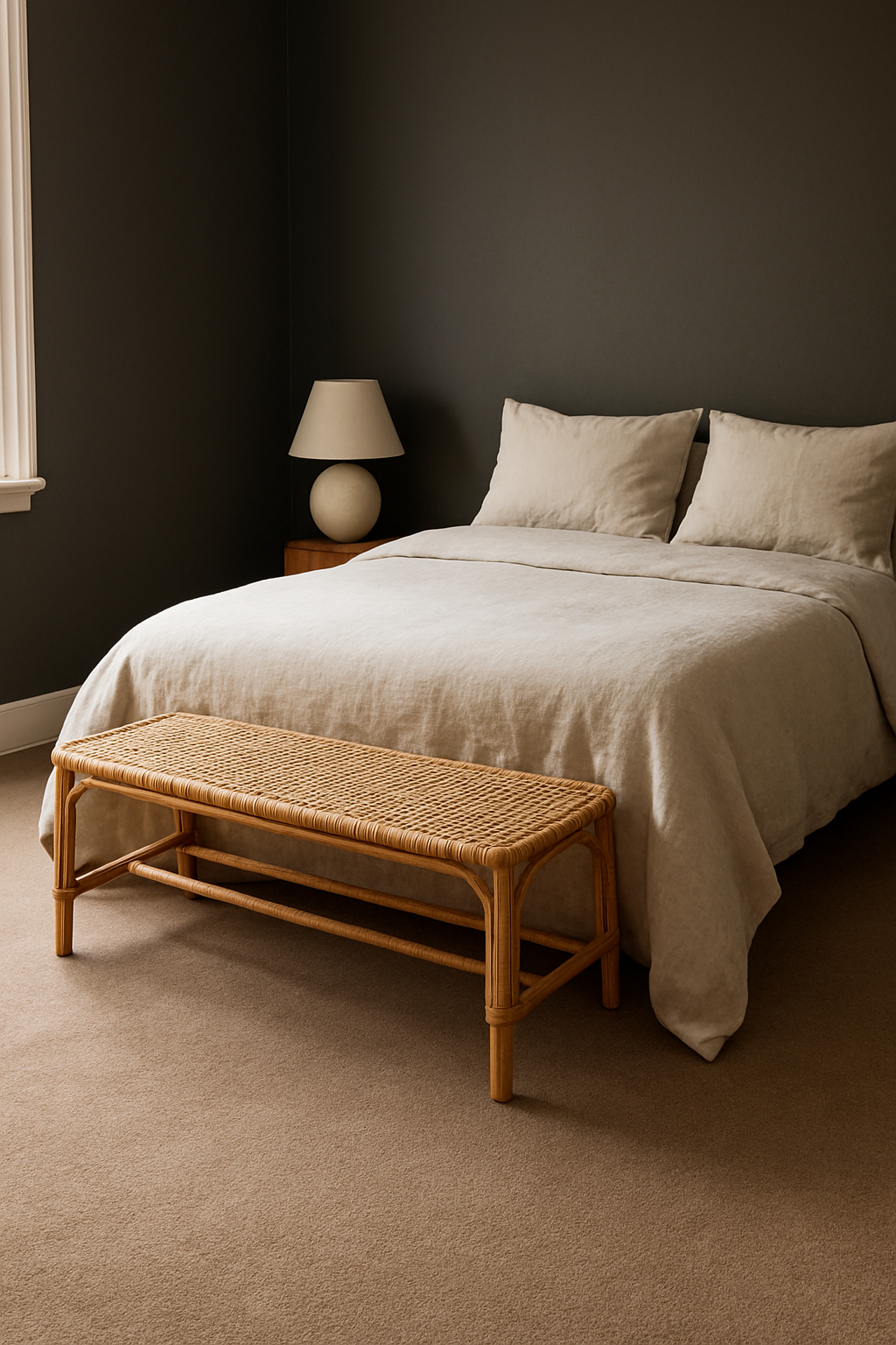 Guest room corner with charcoal gray walls and a taupe carpet