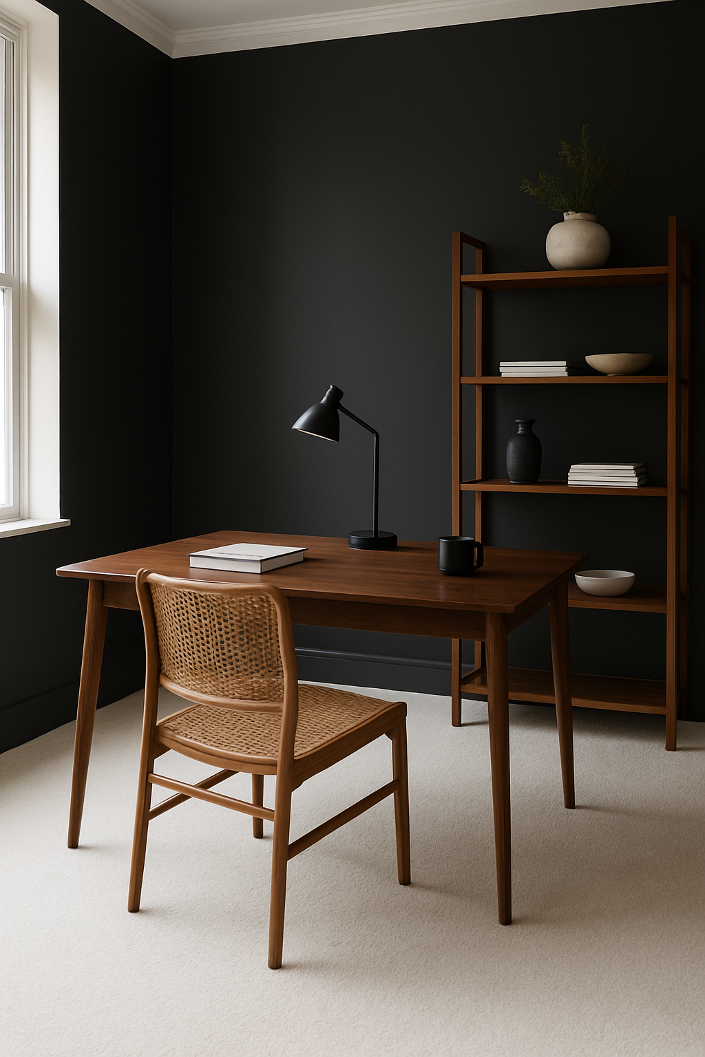 Home office with charcoal gray walls and a crisp white carpet