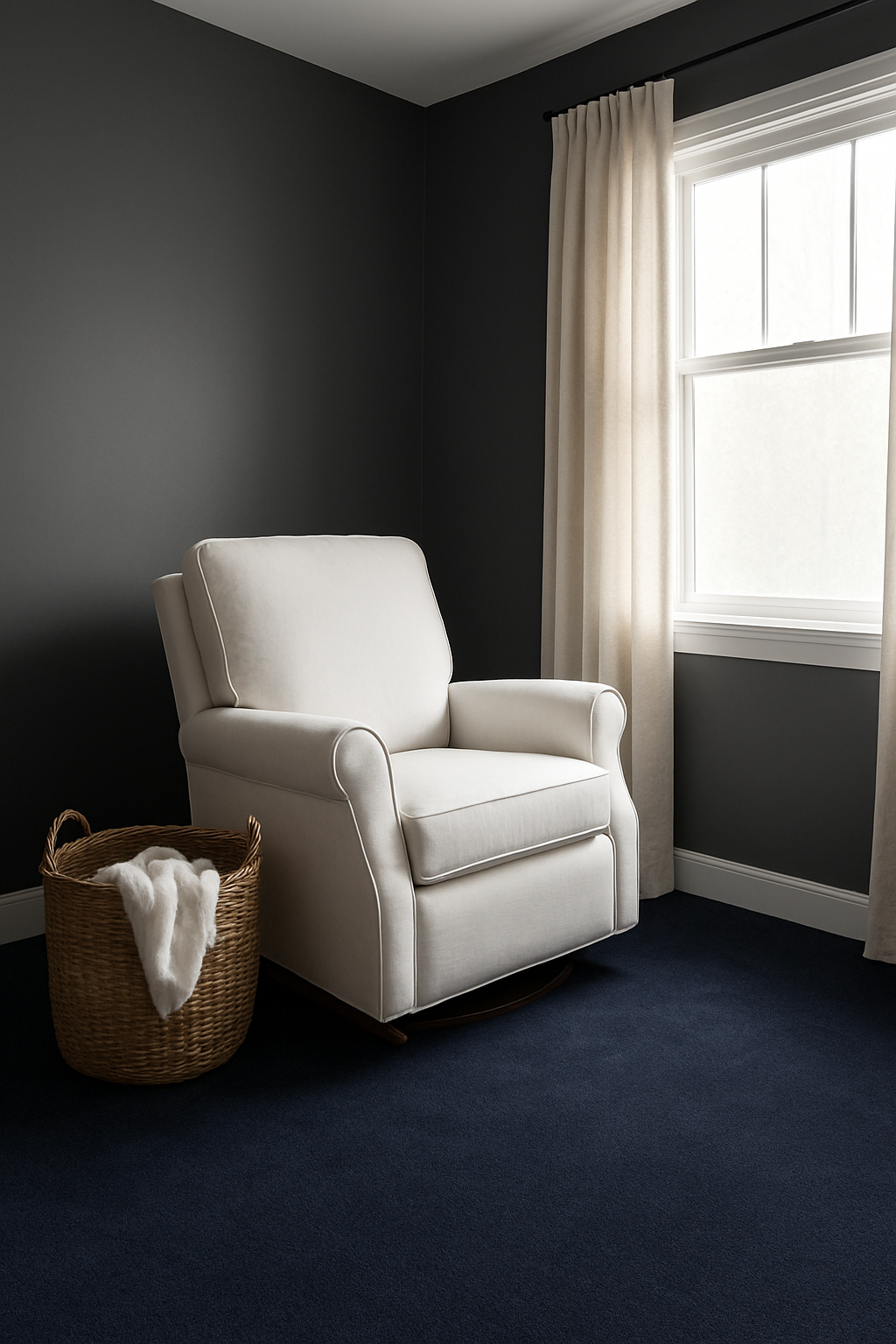 Nursery corner with charcoal gray walls and a navy blue carpet