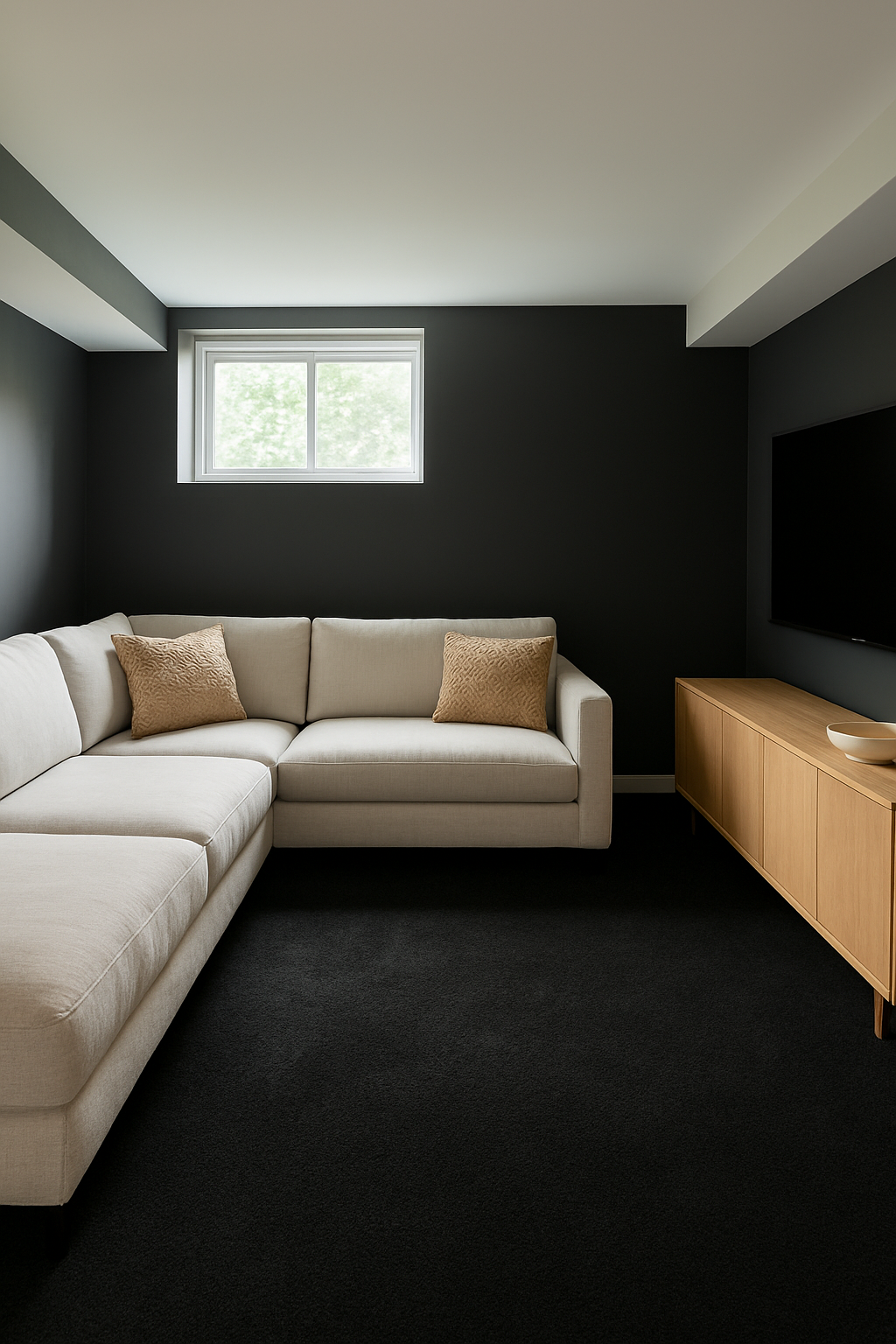 Basement with charcoal gray walls and a bold black carpet