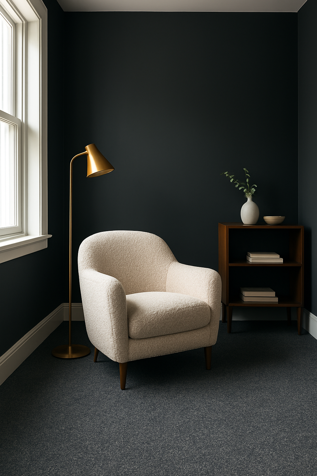 Living room corner with charcoal gray walls and a dark gray carpet