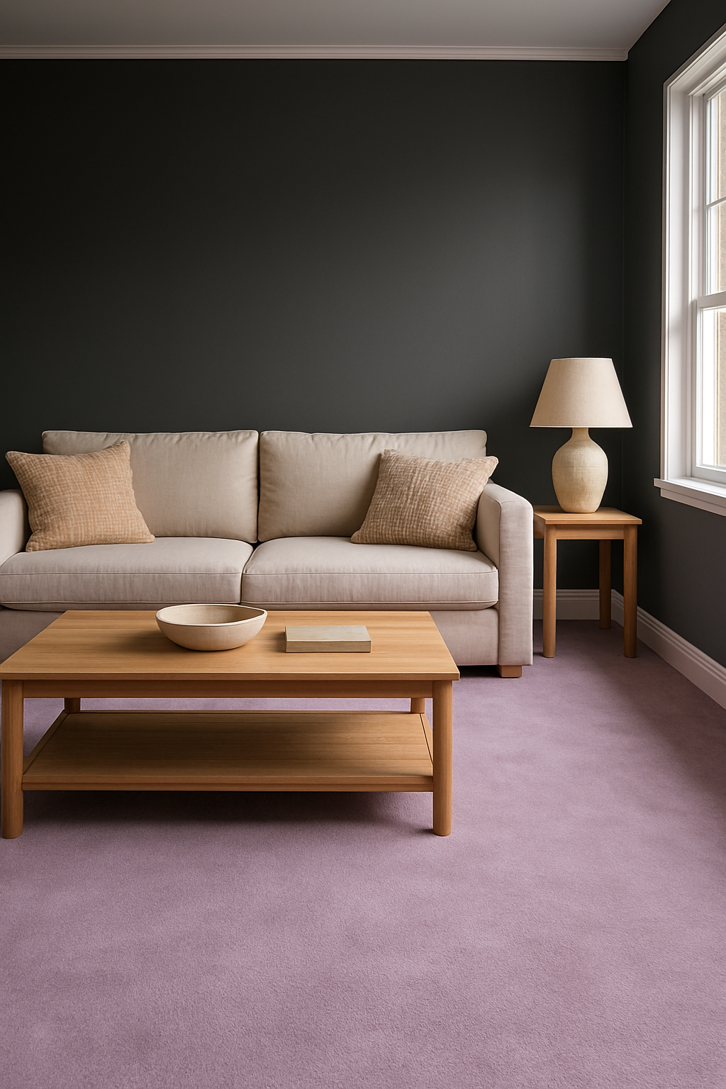 Family room with charcoal gray walls and a soft lilac carpet