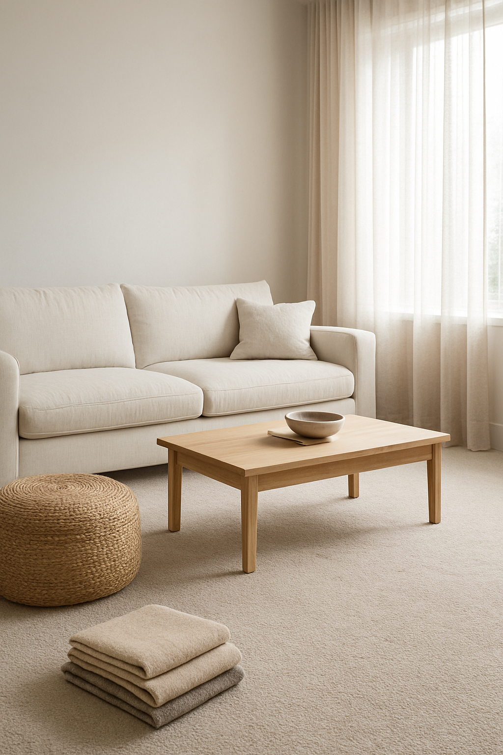Living room with cloud white walls and a heathered greige carpet