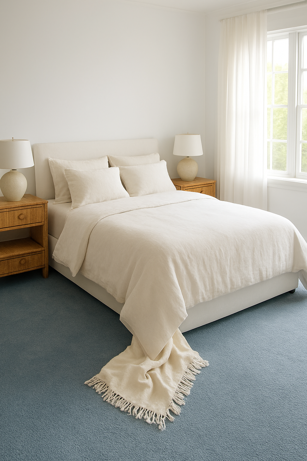 Bedroom with cloud white walls and a soft powder blue carpet