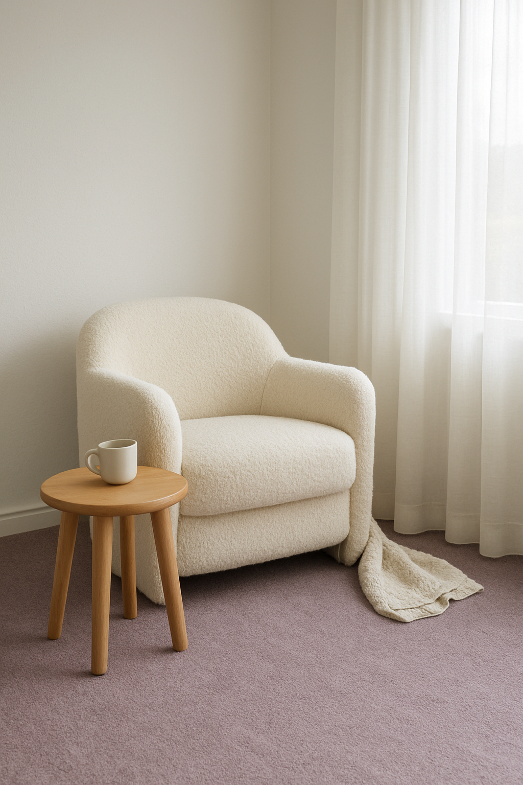 Reading nook with cloud white walls and a heathered lavender carpet