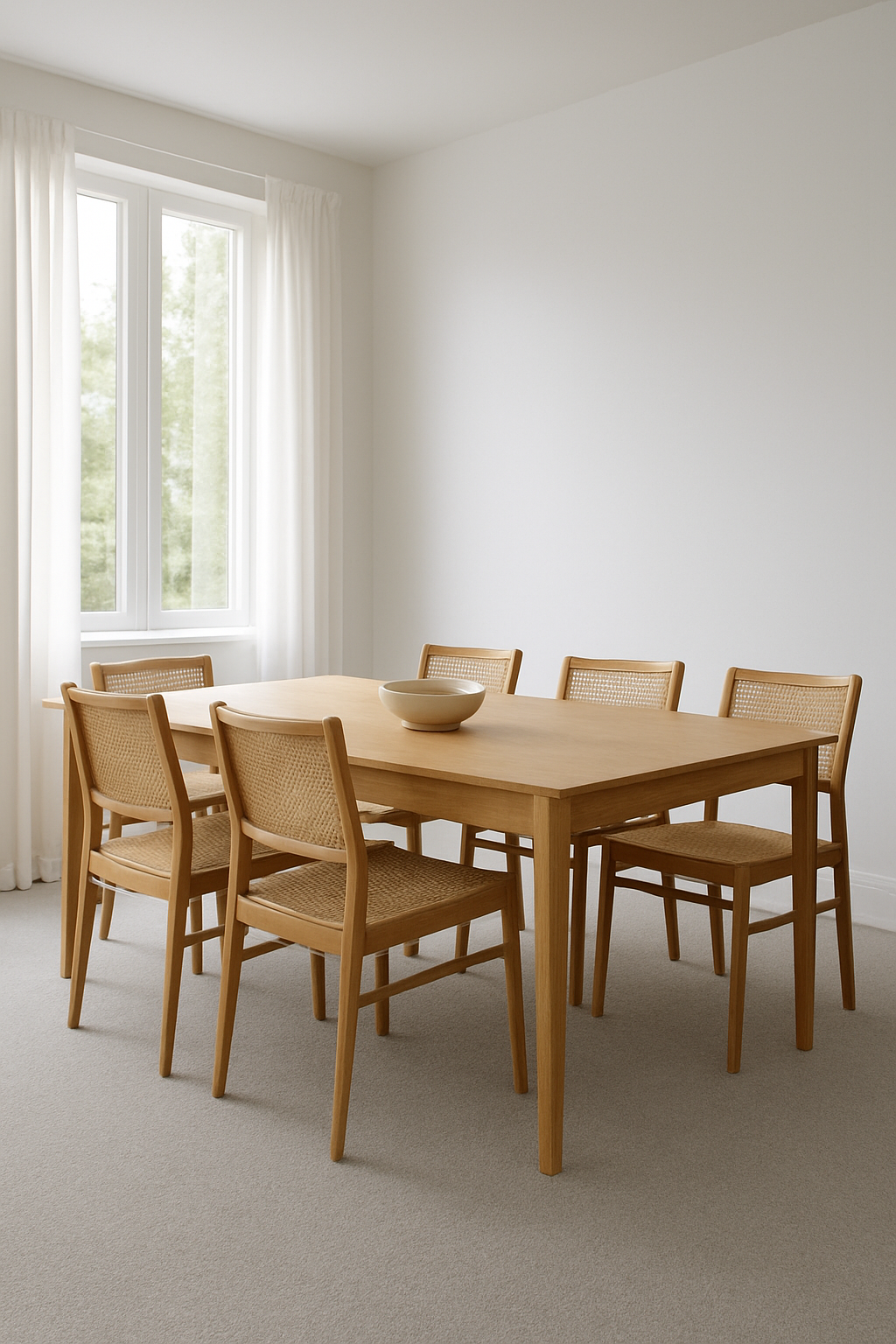 Dining room with cloud white walls and a pale silver gray carpet
