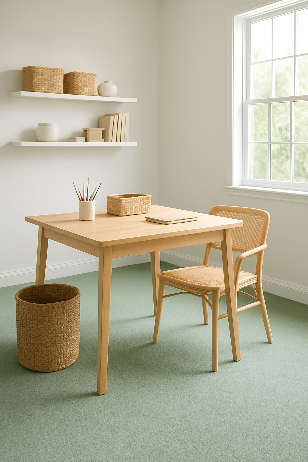 Craft room with cloud white walls and a soft seafoam sage carpet