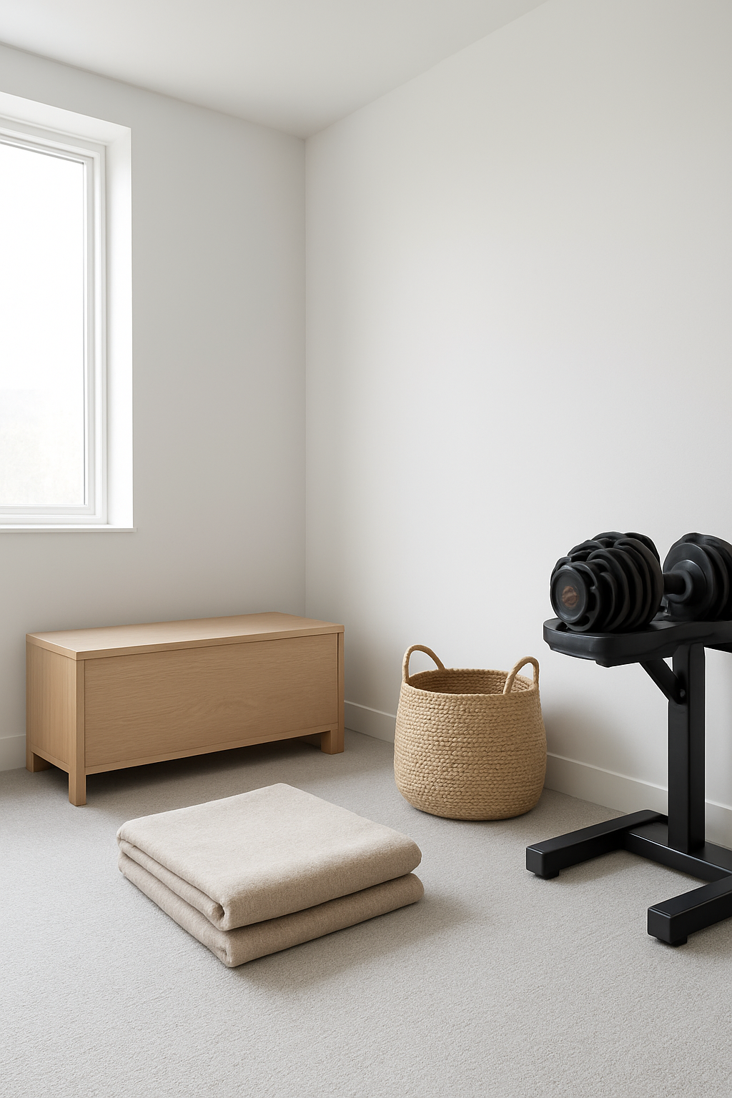 Home gym with cloud white walls and a pale platinum gray carpet