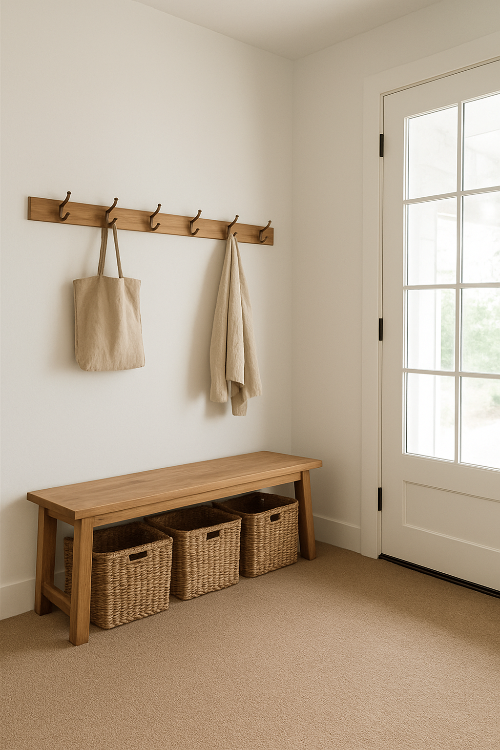 Mudroom with cloud white walls and a warm sandy taupe carpet
