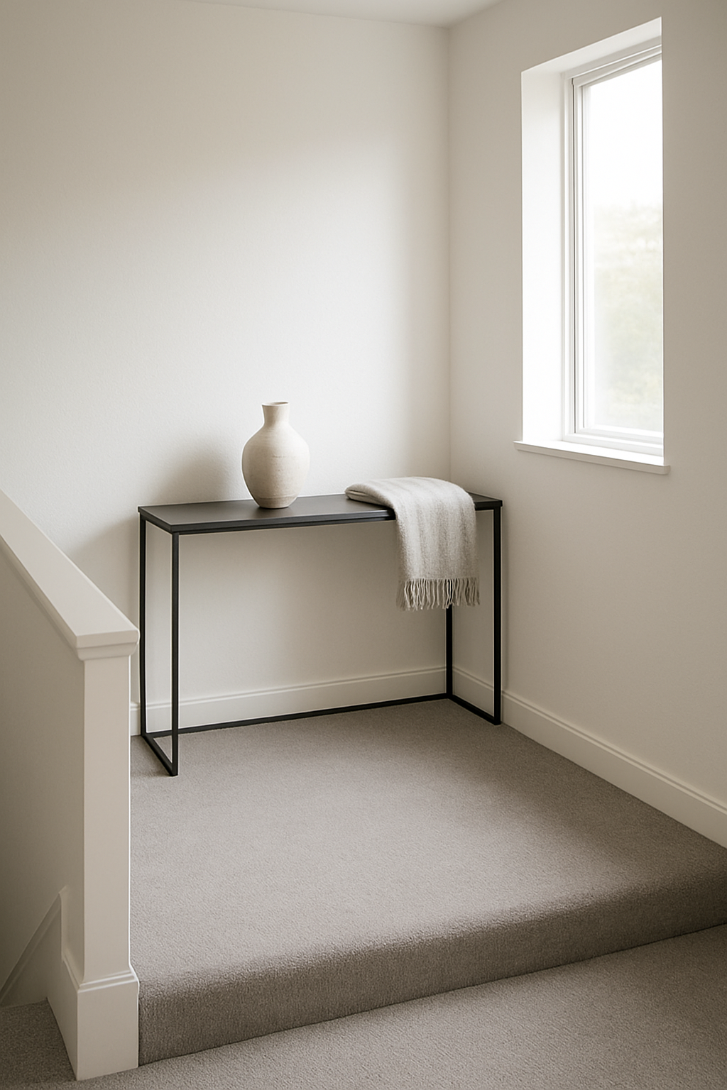 Staircase landing with cloud white walls and a pale silver gray carpet