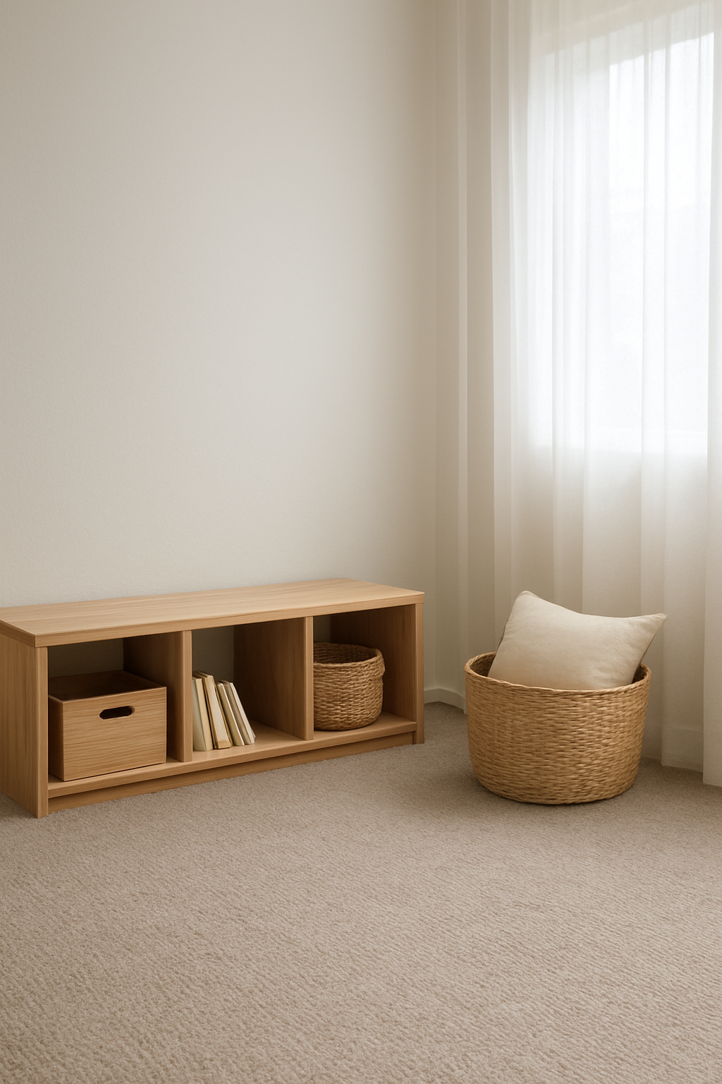 Playroom with cloud white walls and a heathered greige wall-to-wall carpet