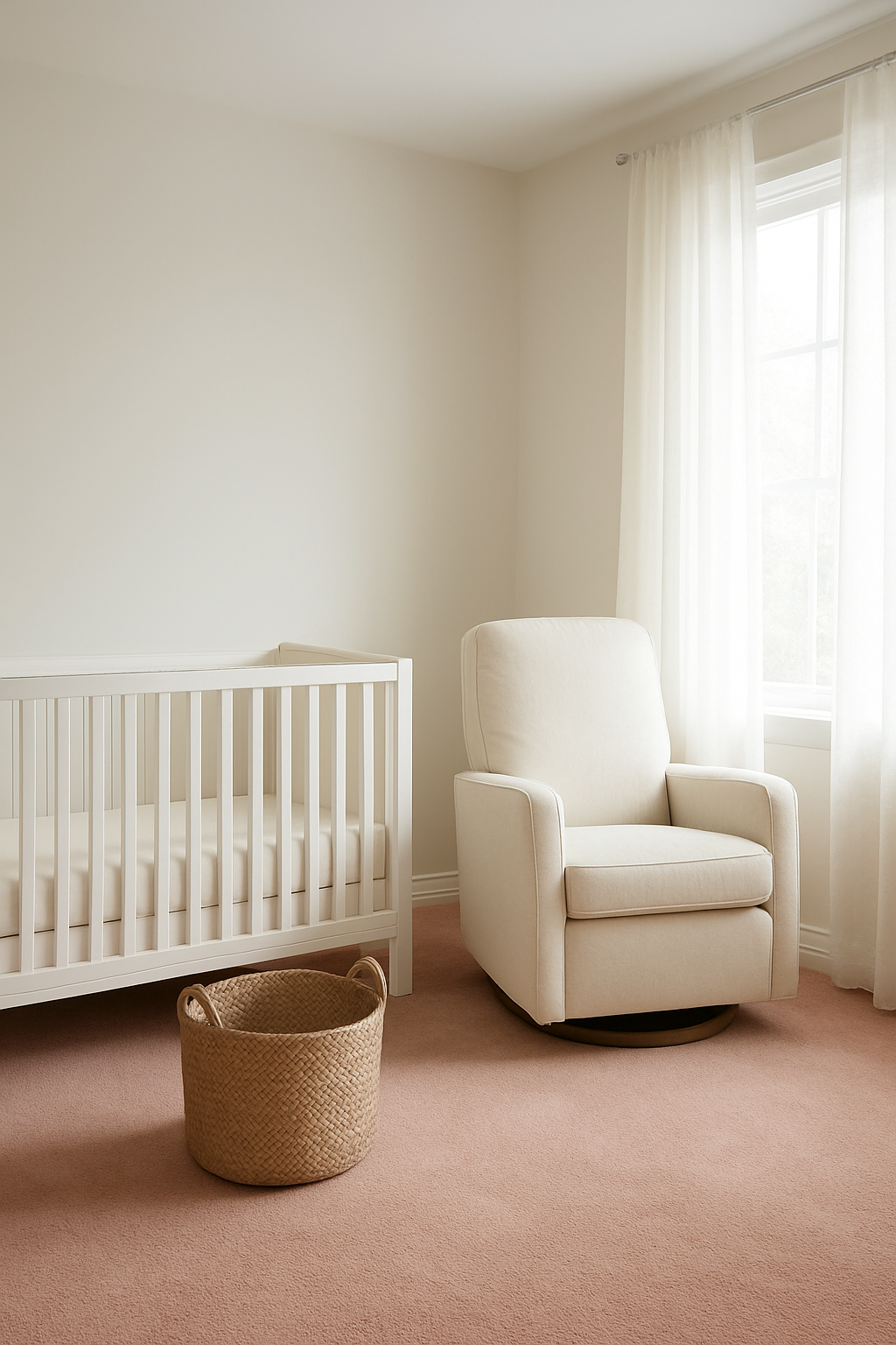 Nursery with cloud white walls and a muted blush pink carpet