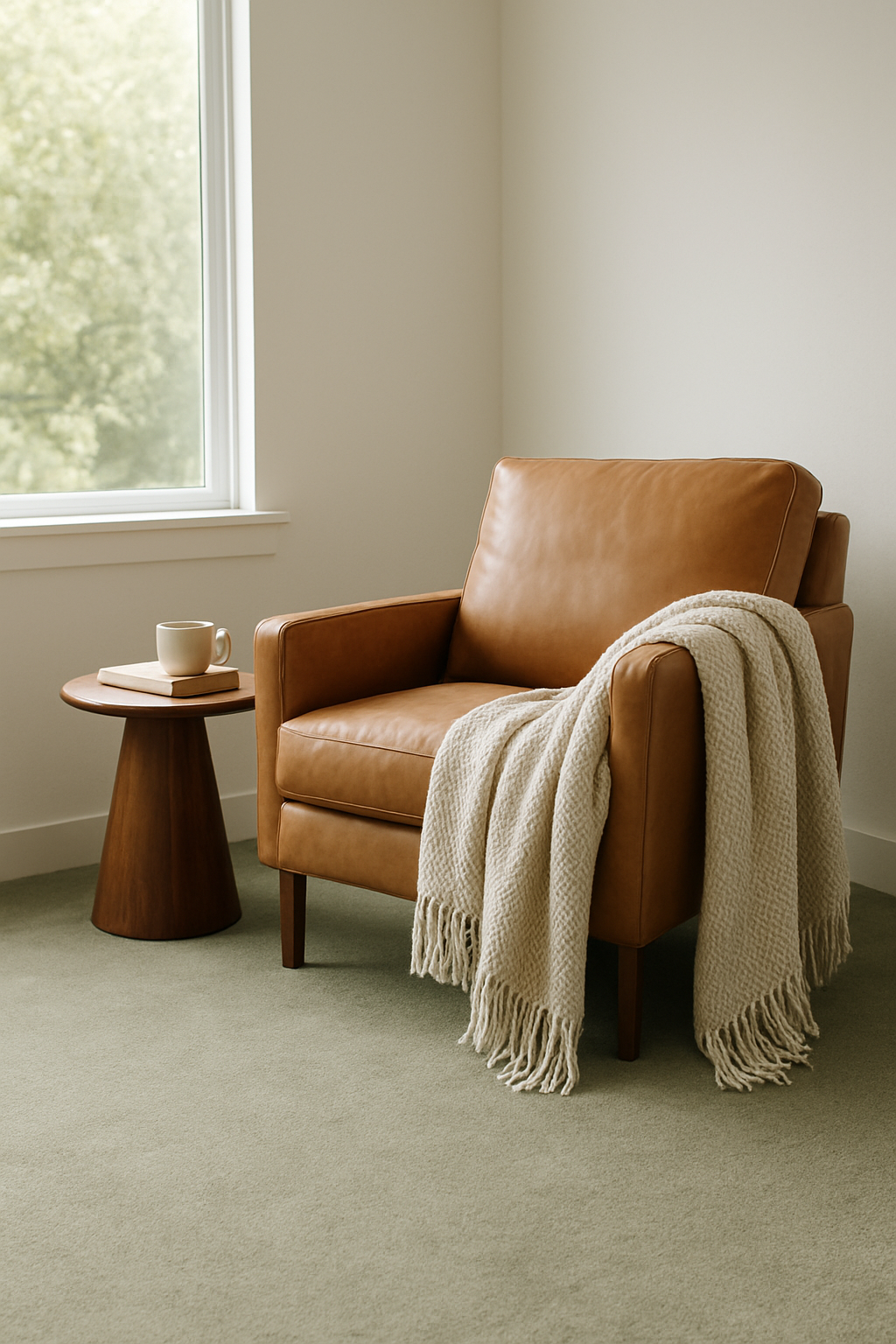 Den with cloud white walls and a soft sage-olive green carpet