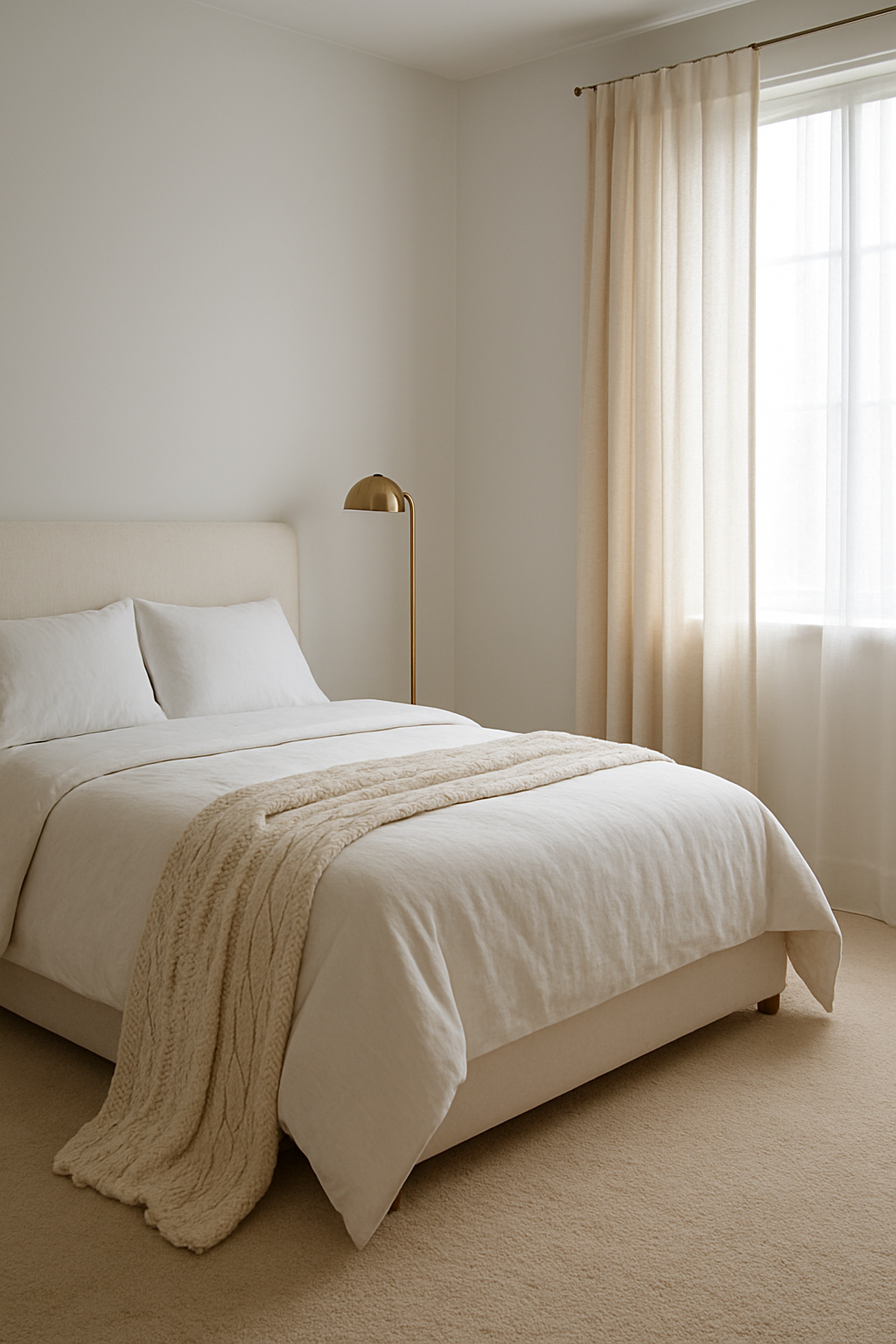 Guest room with cloud white walls and a warm ivory cream carpet