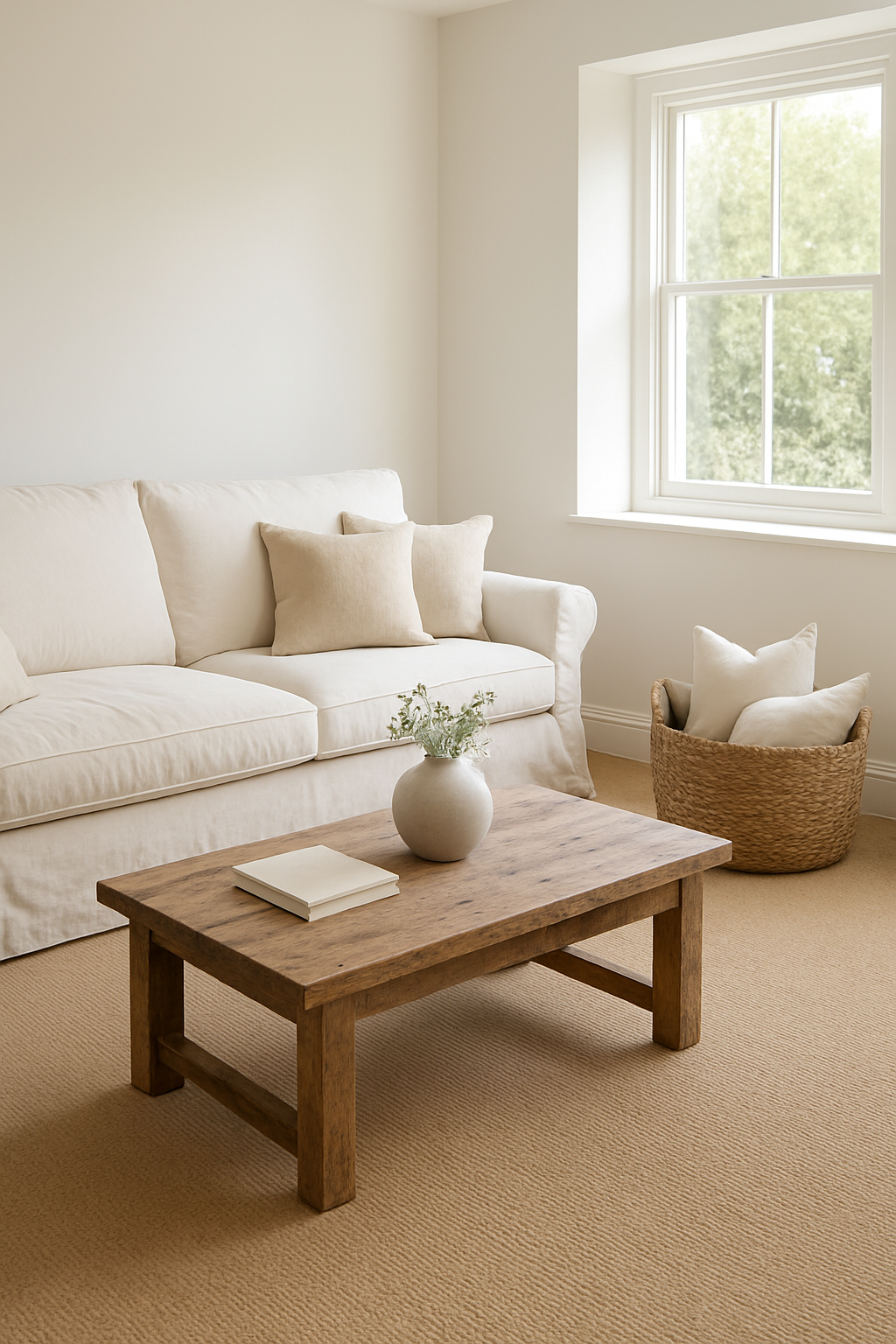 Family room with cloud white walls and a light camel tan carpet