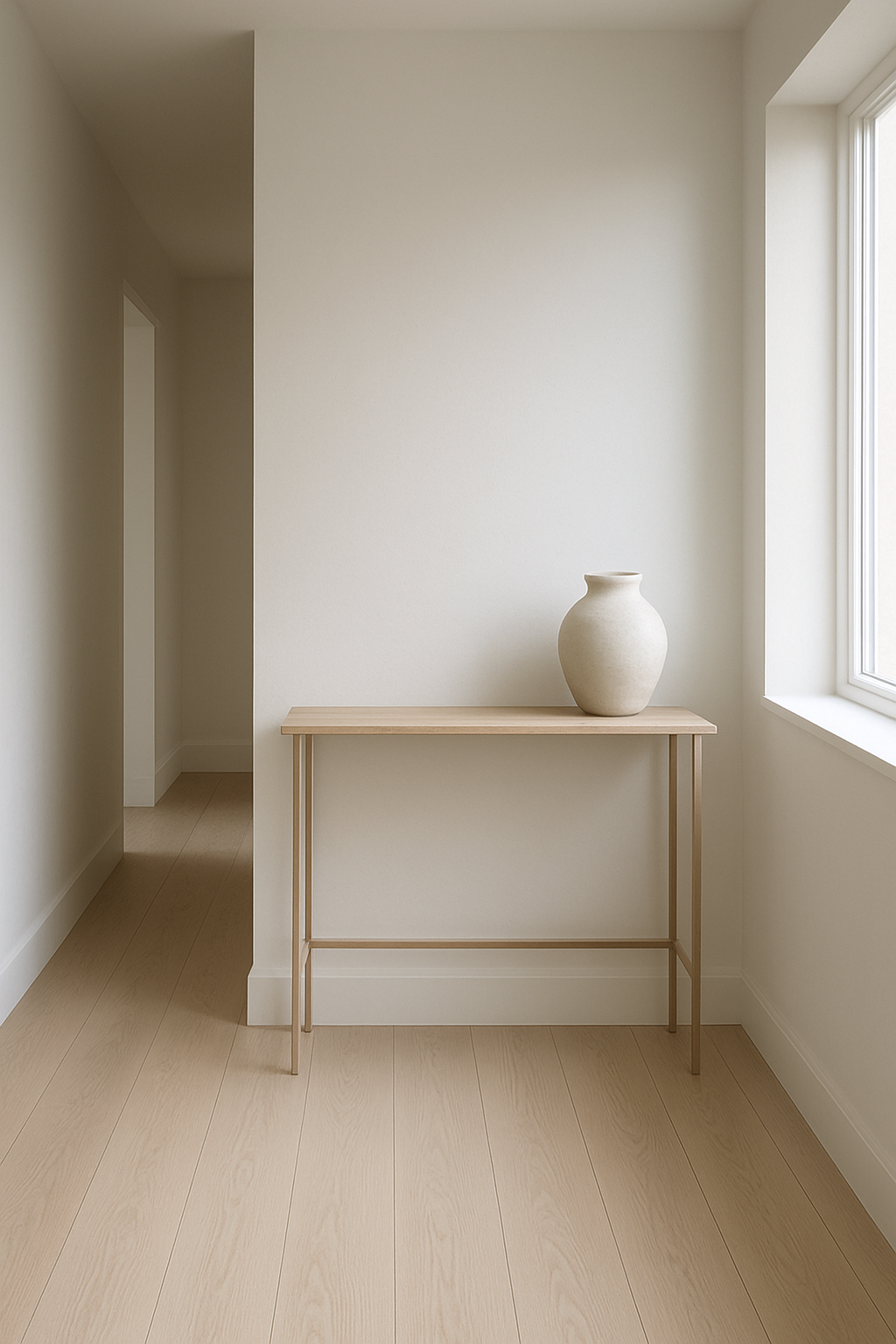 Hallway with cloud white walls and light bleached oak wood flooring