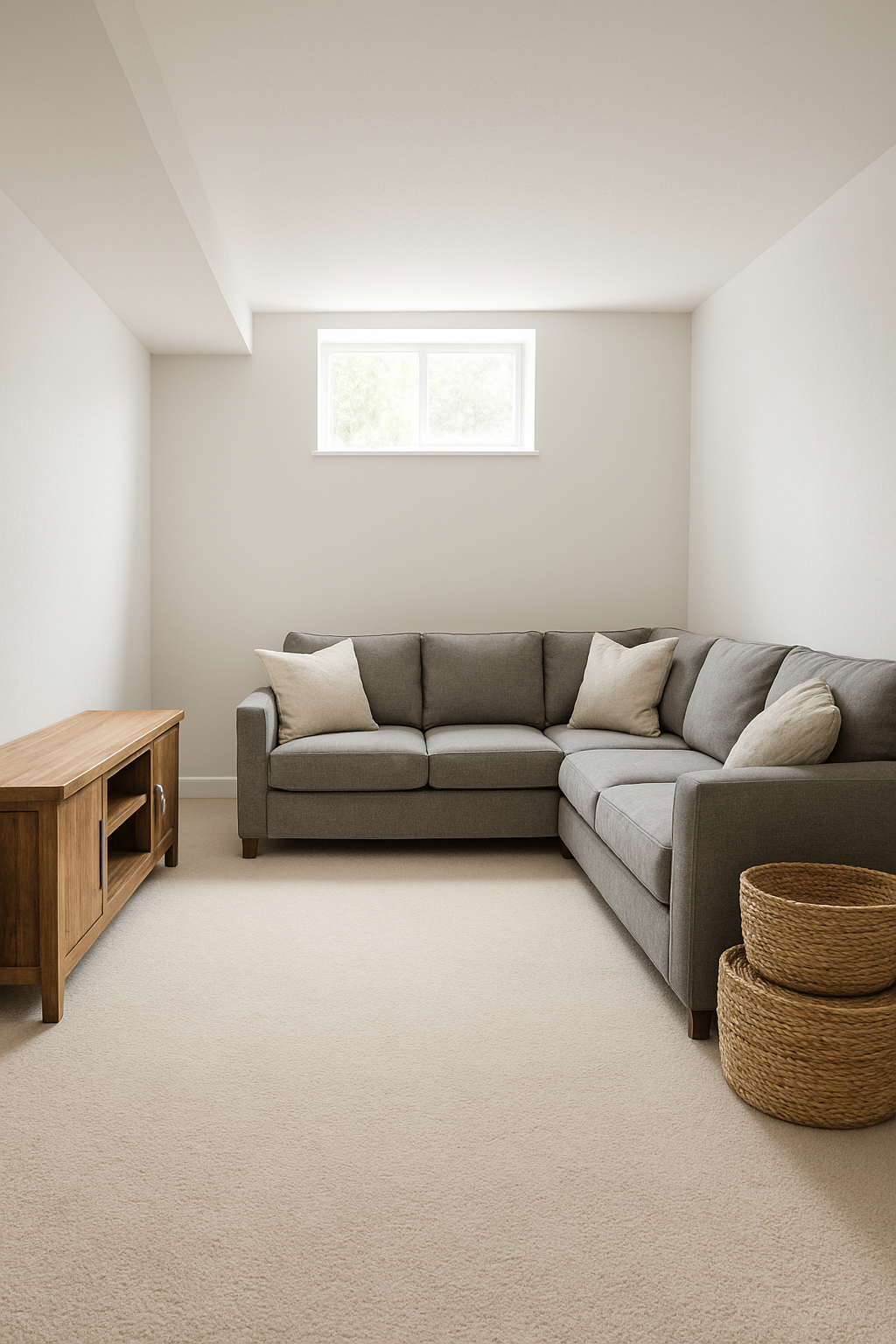 Basement with cloud white walls and a warm off-white carpet