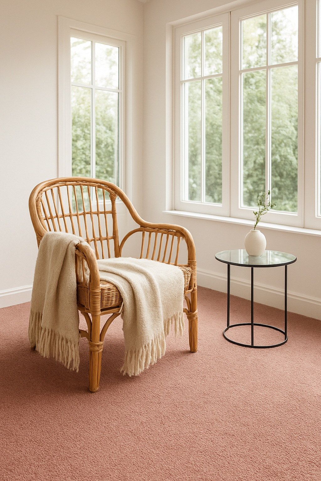 Sunroom with cloud white walls and a muted dusty rose carpet