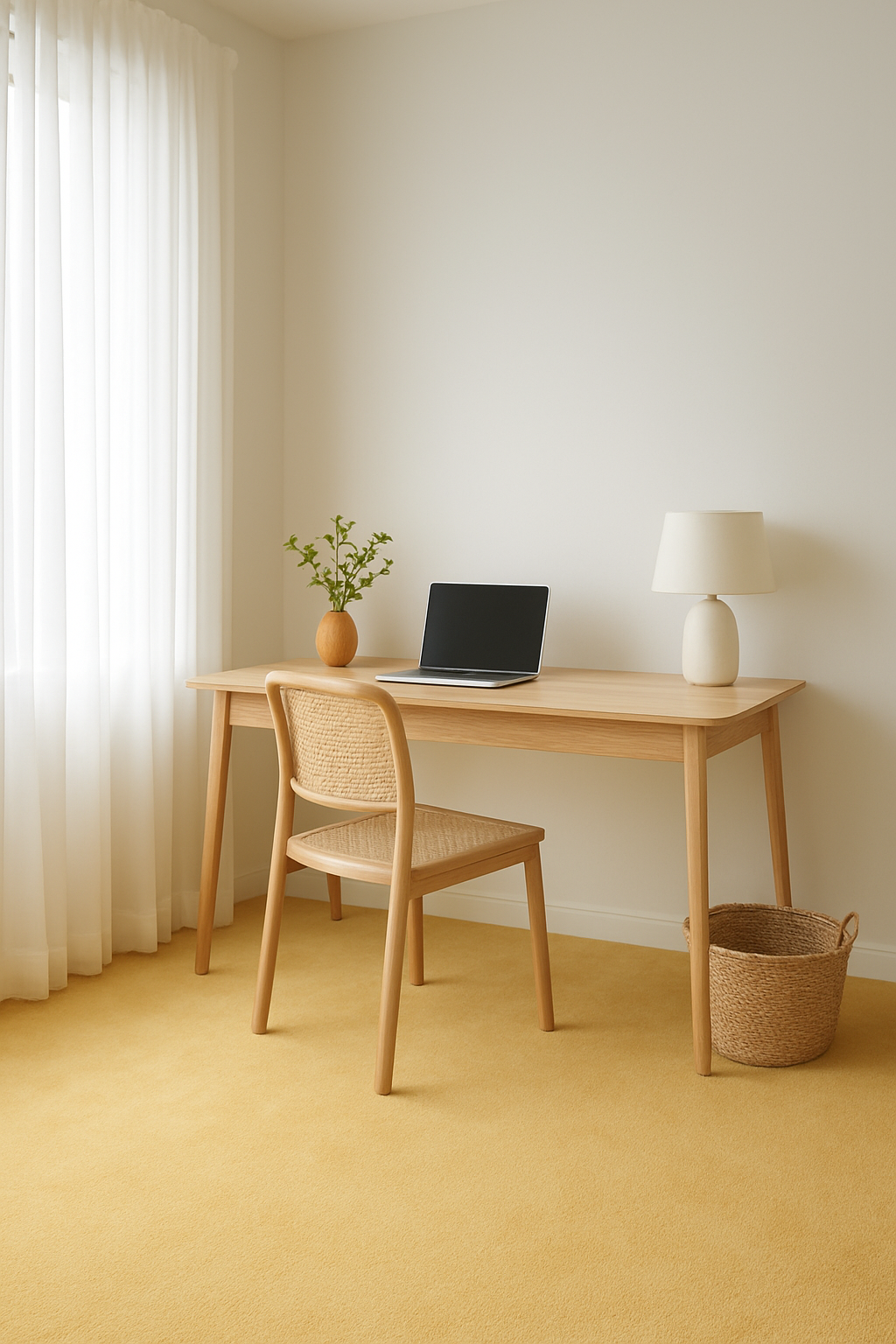 Home office with cloud white walls and a buttery ivory yellow carpet