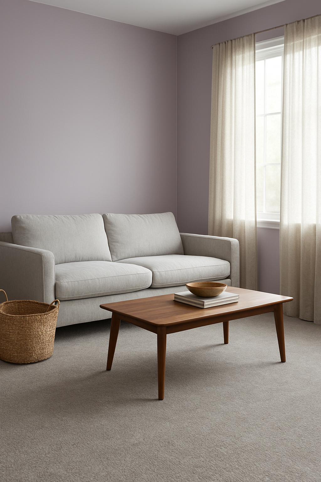 Living room with soft lilac walls and gray wall-to-wall carpet